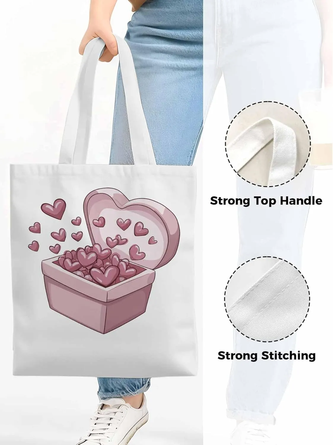 Canvas Tote Bag, Valentine's Day Aesthetic Canvas Tote Handbags for Women Shoulder Bag Pink Love Heart