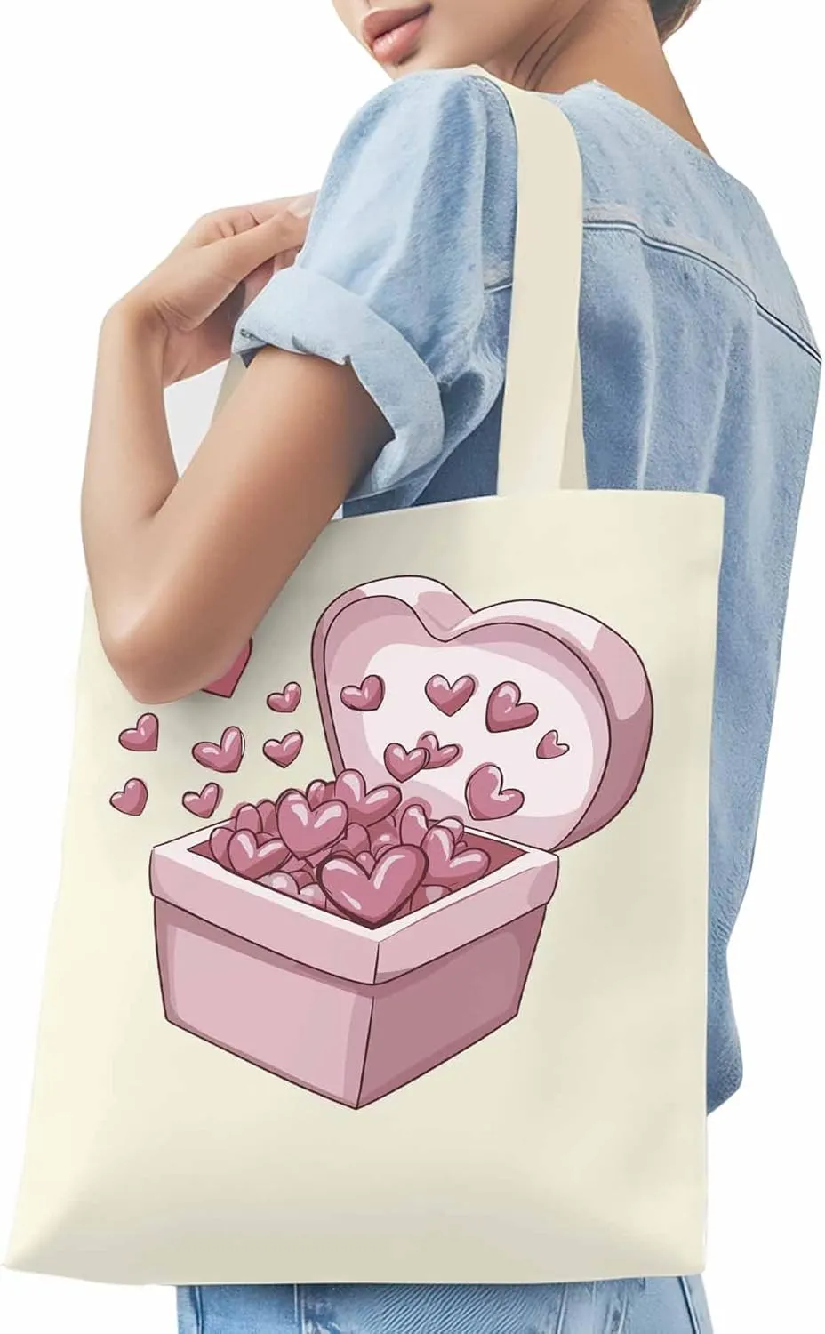 Canvas Tote Bag, Valentine's Day Aesthetic Canvas Tote Handbags for Women Shoulder Bag Pink Love Heart