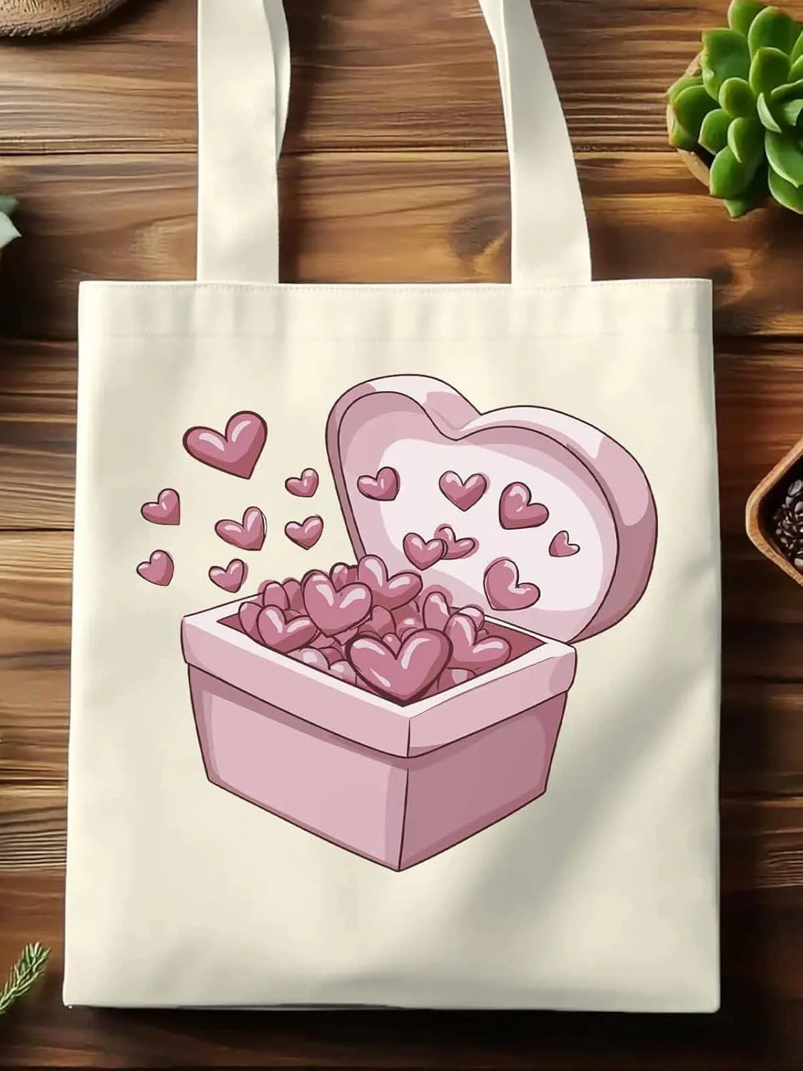 Canvas Tote Bag, Valentine's Day Aesthetic Canvas Tote Handbags for Women Shoulder Bag Pink Love Heart