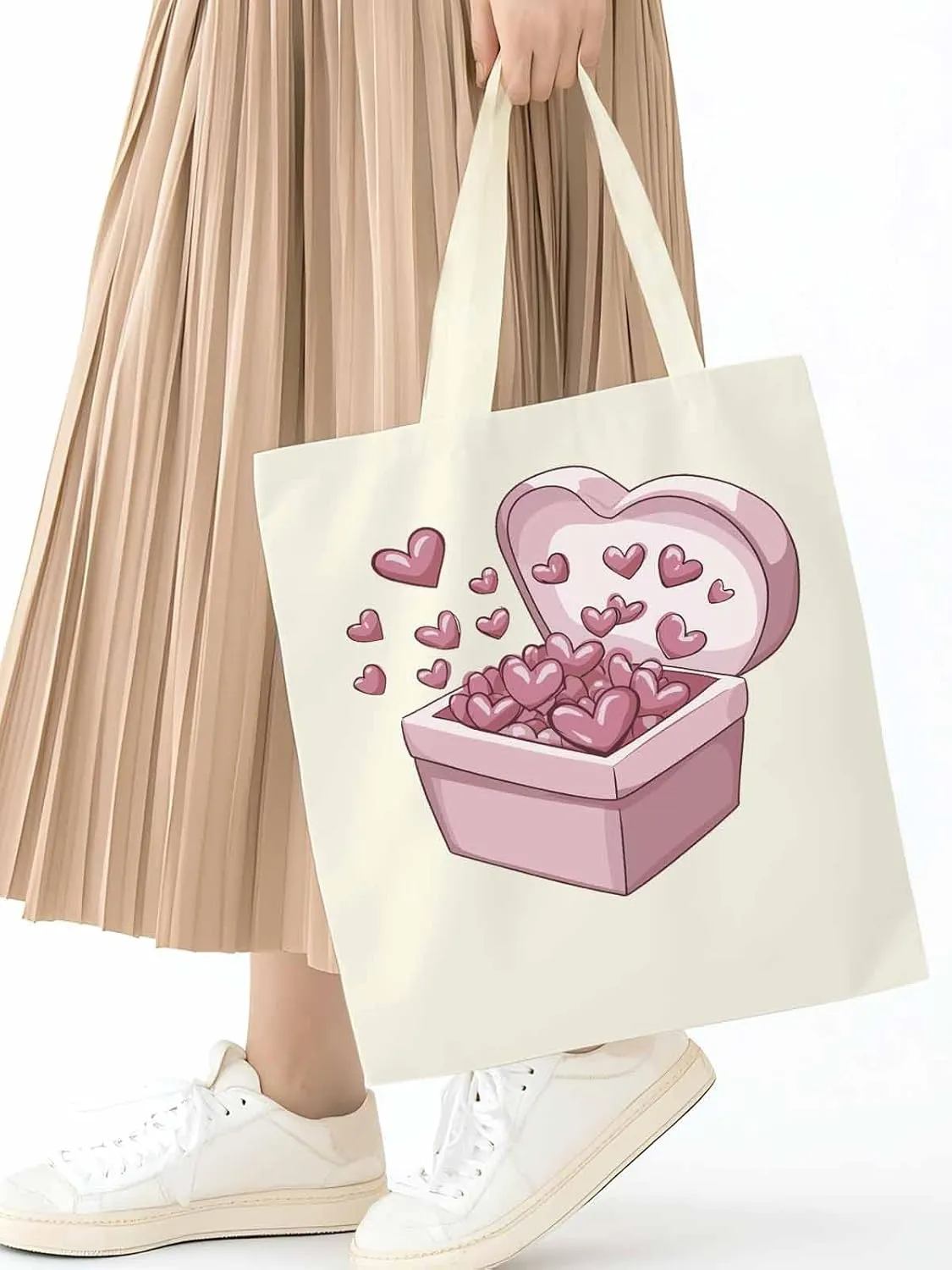 Canvas Tote Bag, Valentine's Day Aesthetic Canvas Tote Handbags for Women Shoulder Bag Pink Love Heart