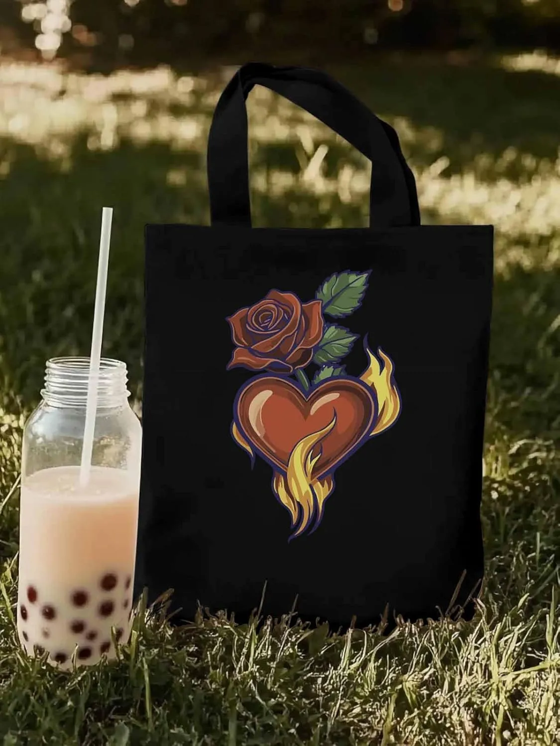 Canvas Tote Bag, Valentine's Day Aesthetic Canvas Tote Handbags for Women Shoulder Bag Roses Love Heart