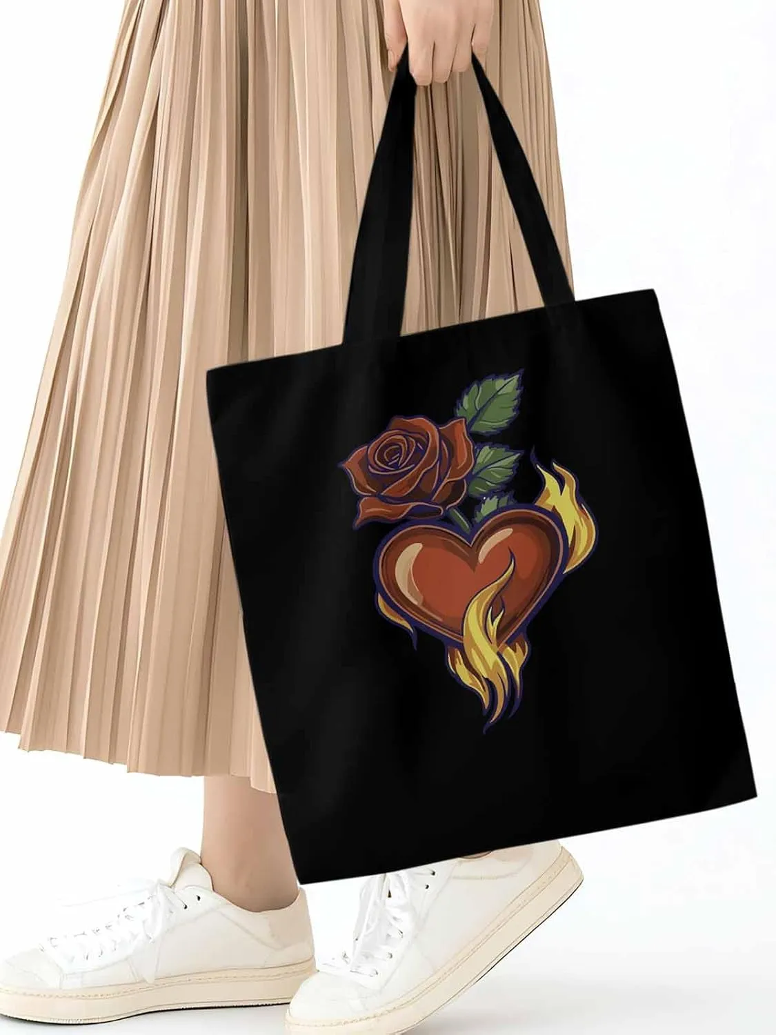 Canvas Tote Bag, Valentine's Day Aesthetic Canvas Tote Handbags for Women Shoulder Bag Roses Love Heart