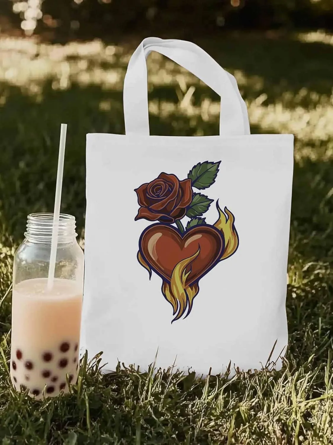 Canvas Tote Bag, Valentine's Day Aesthetic Canvas Tote Handbags for Women Shoulder Bag Roses Love Heart
