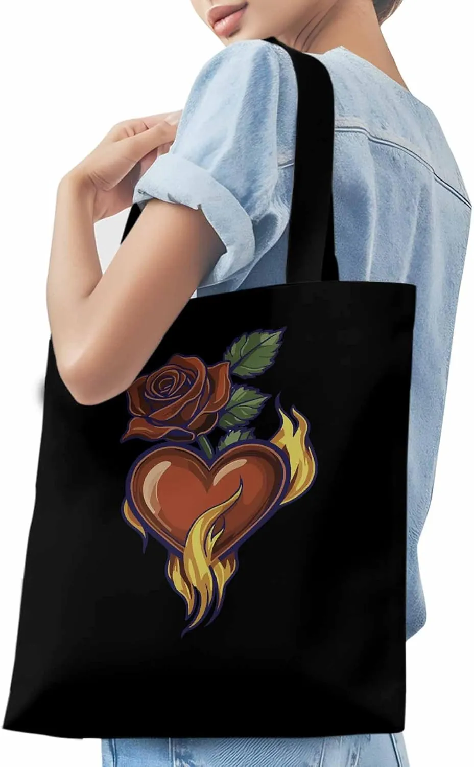Canvas Tote Bag, Valentine's Day Aesthetic Canvas Tote Handbags for Women Shoulder Bag Roses Love Heart