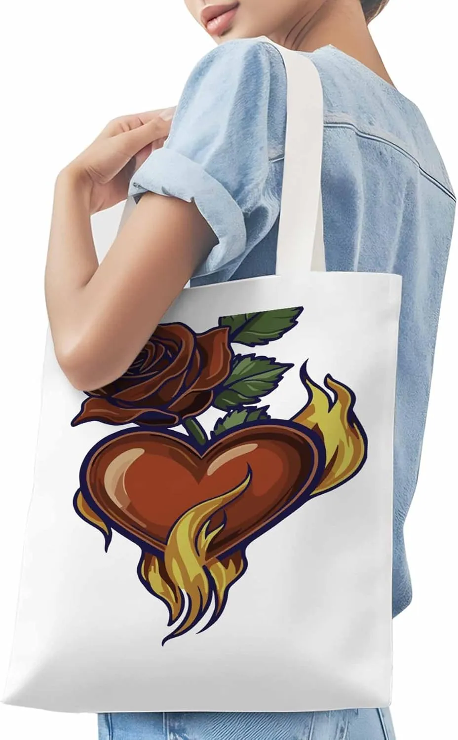 Canvas Tote Bag, Valentine's Day Aesthetic Canvas Tote Handbags for Women Shoulder Bag Roses Love Heart