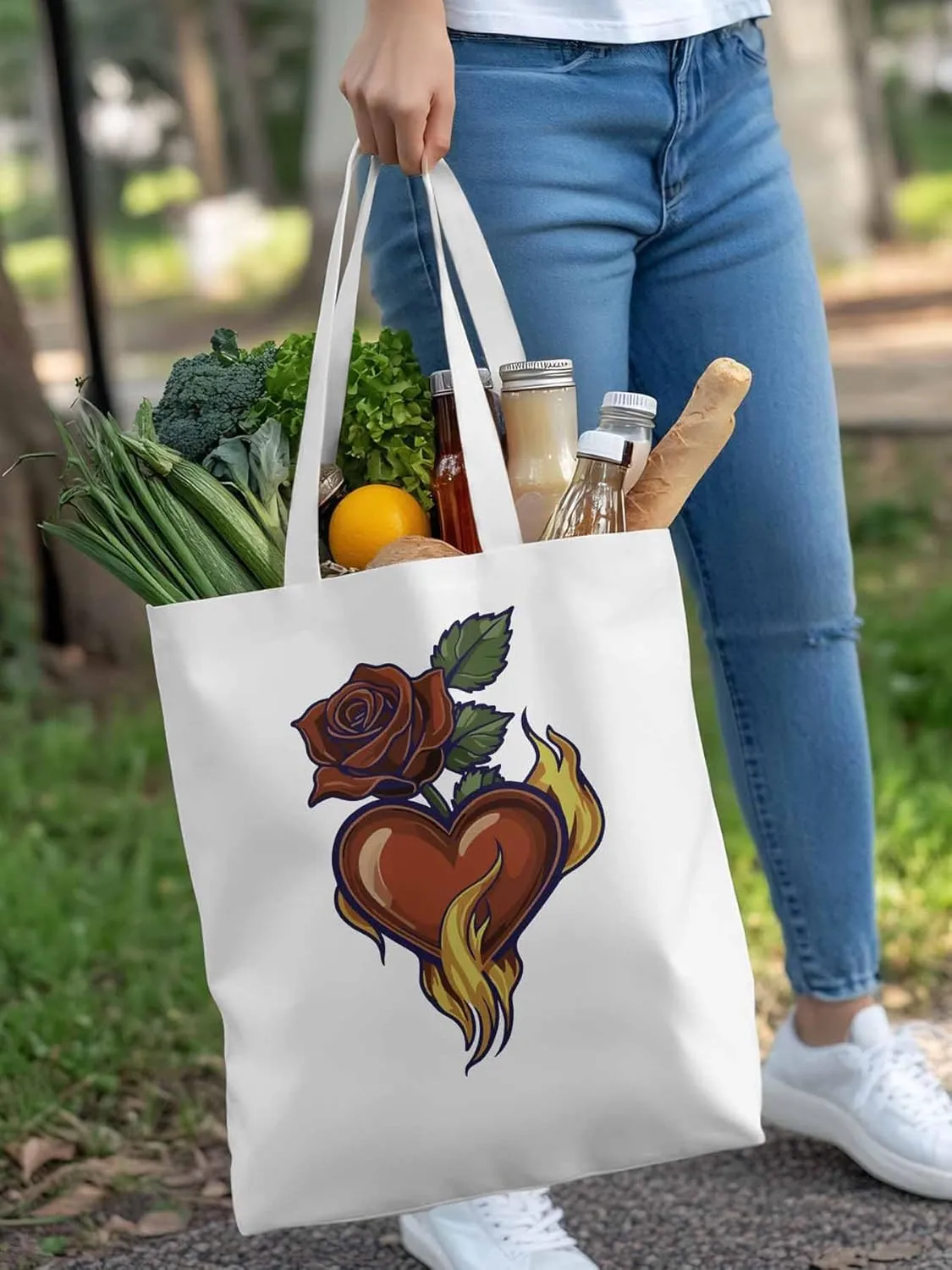 Canvas Tote Bag, Valentine's Day Aesthetic Canvas Tote Handbags for Women Shoulder Bag Roses Love Heart