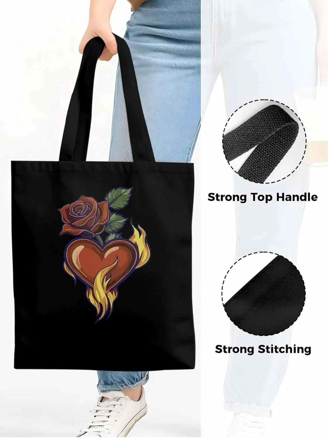Canvas Tote Bag, Valentine's Day Aesthetic Canvas Tote Handbags for Women Shoulder Bag Roses Love Heart