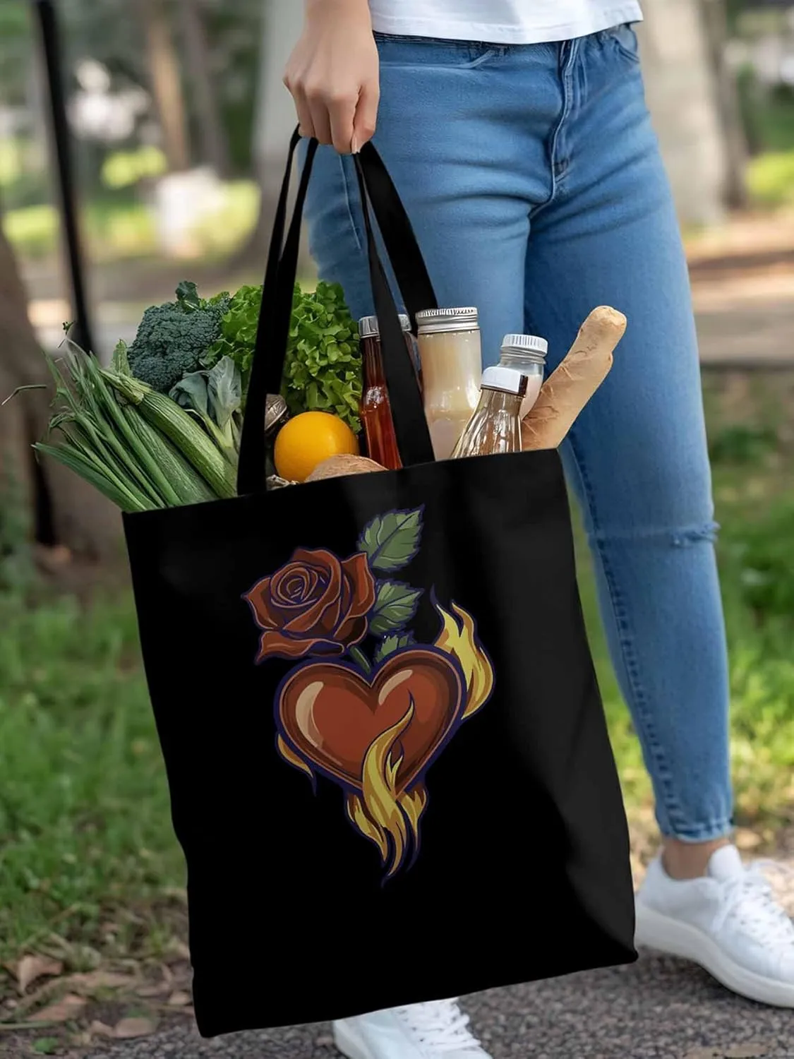 Canvas Tote Bag, Valentine's Day Aesthetic Canvas Tote Handbags for Women Shoulder Bag Roses Love Heart