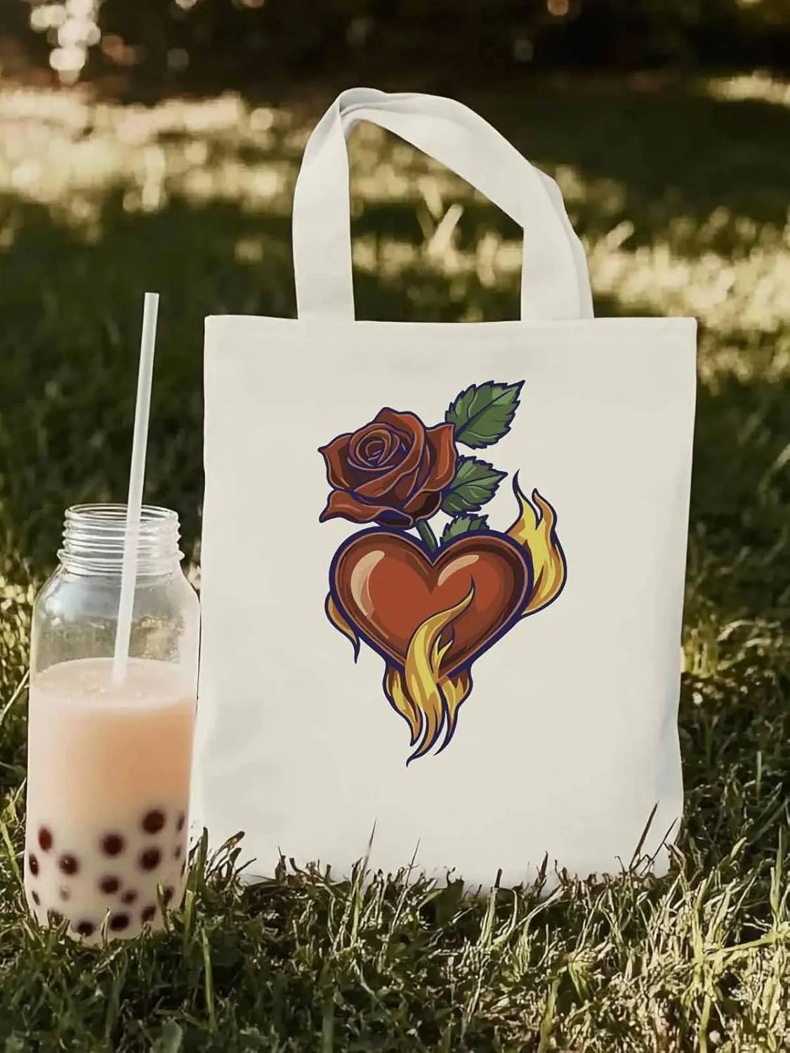 Canvas Tote Bag, Valentine's Day Aesthetic Canvas Tote Handbags for Women Shoulder Bag Roses Love Heart