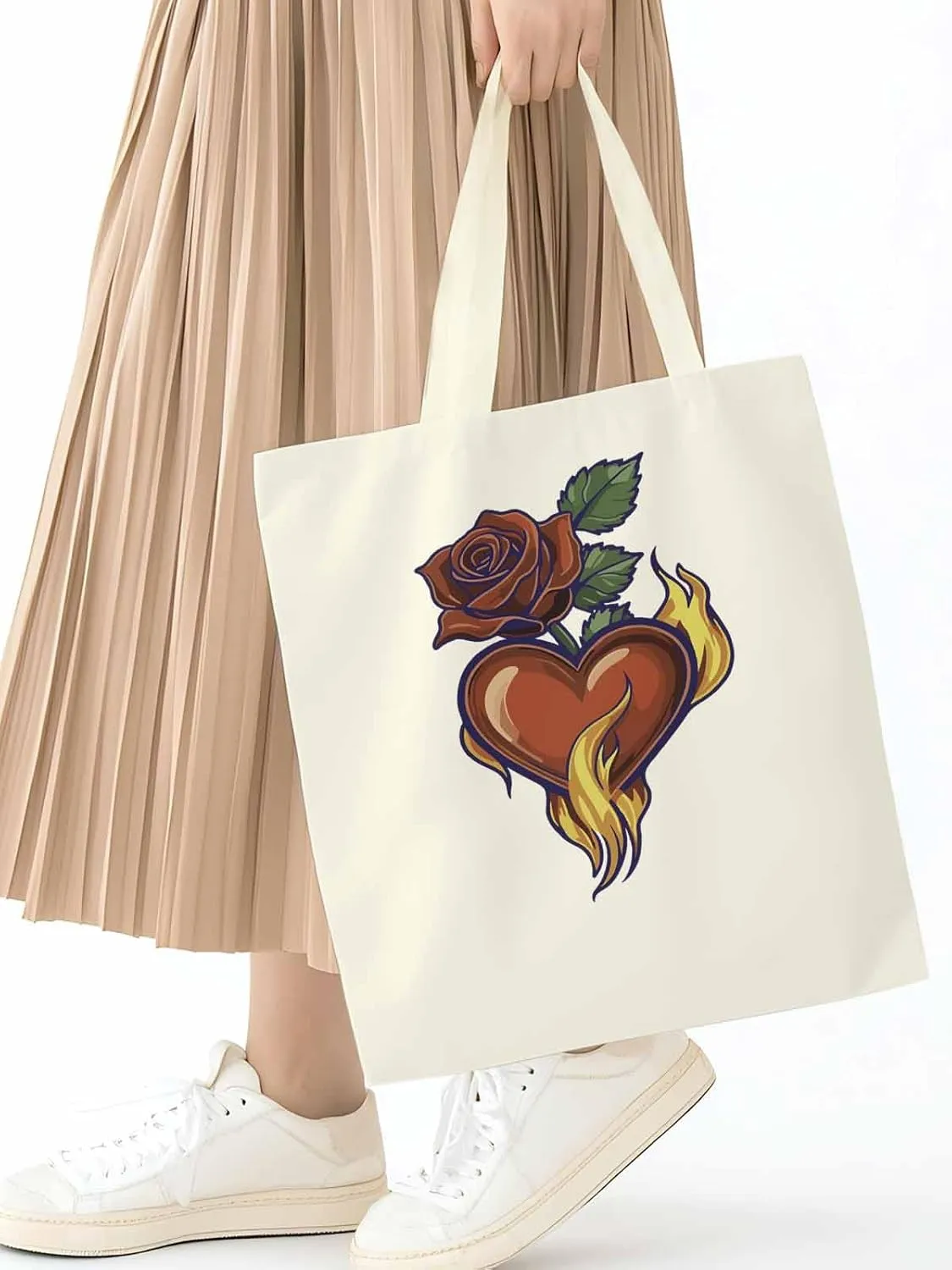 Canvas Tote Bag, Valentine's Day Aesthetic Canvas Tote Handbags for Women Shoulder Bag Roses Love Heart