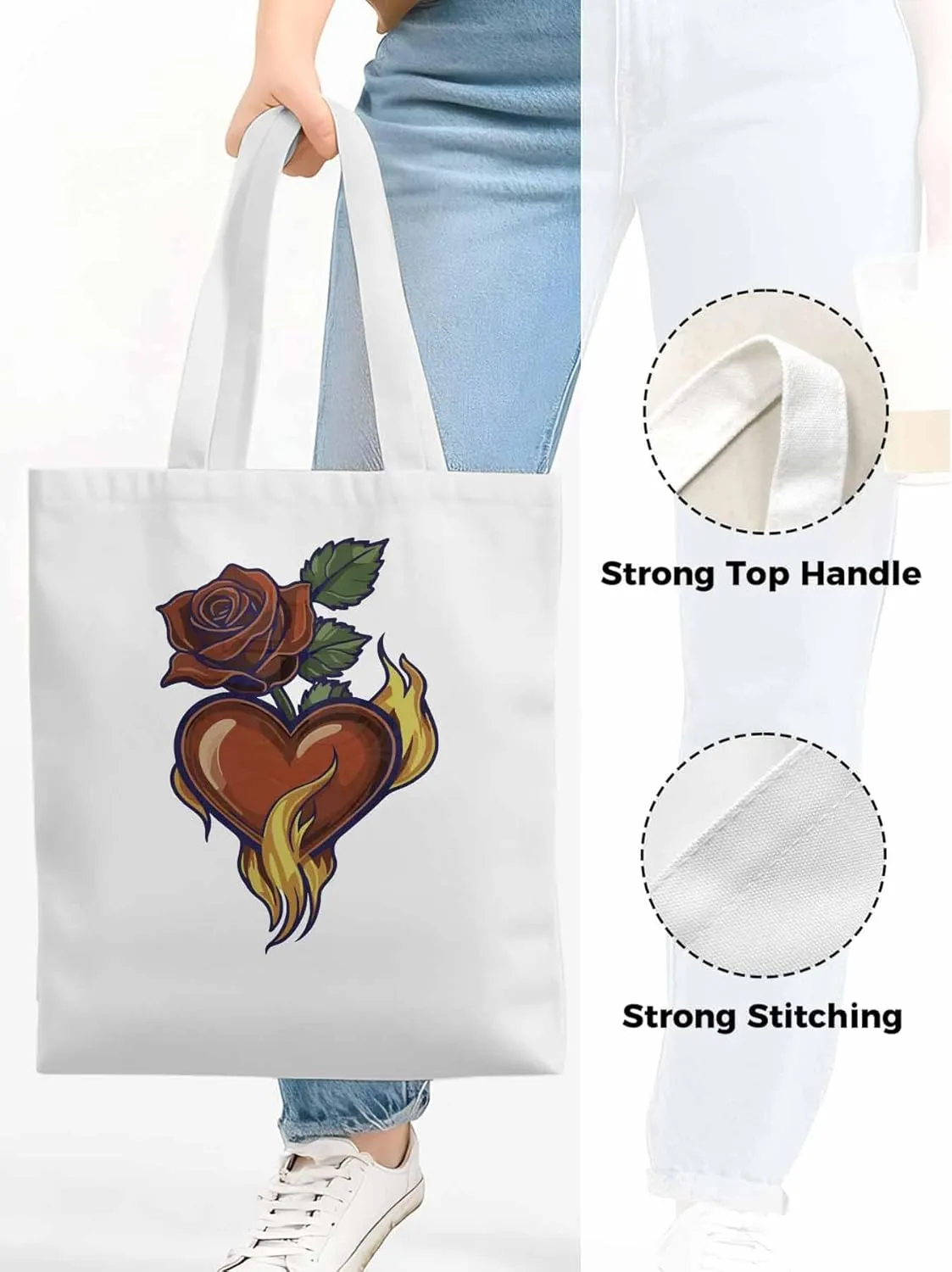 Canvas Tote Bag, Valentine's Day Aesthetic Canvas Tote Handbags for Women Shoulder Bag Roses Love Heart