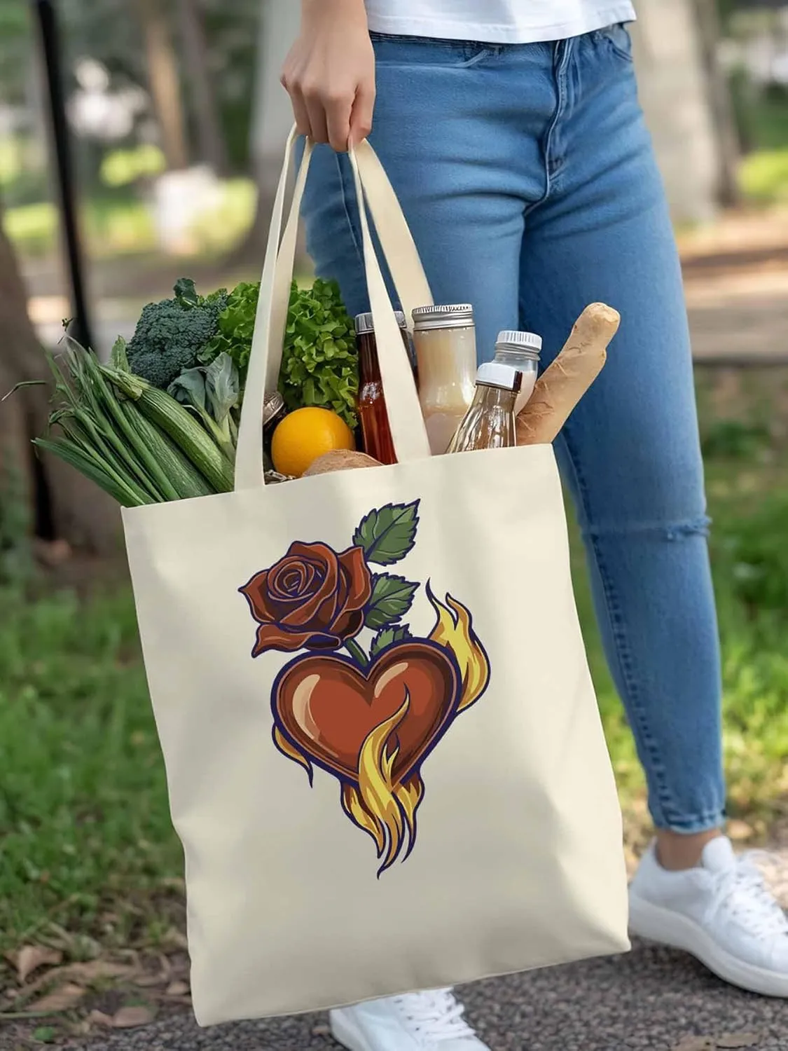 Canvas Tote Bag, Valentine's Day Aesthetic Canvas Tote Handbags for Women Shoulder Bag Roses Love Heart