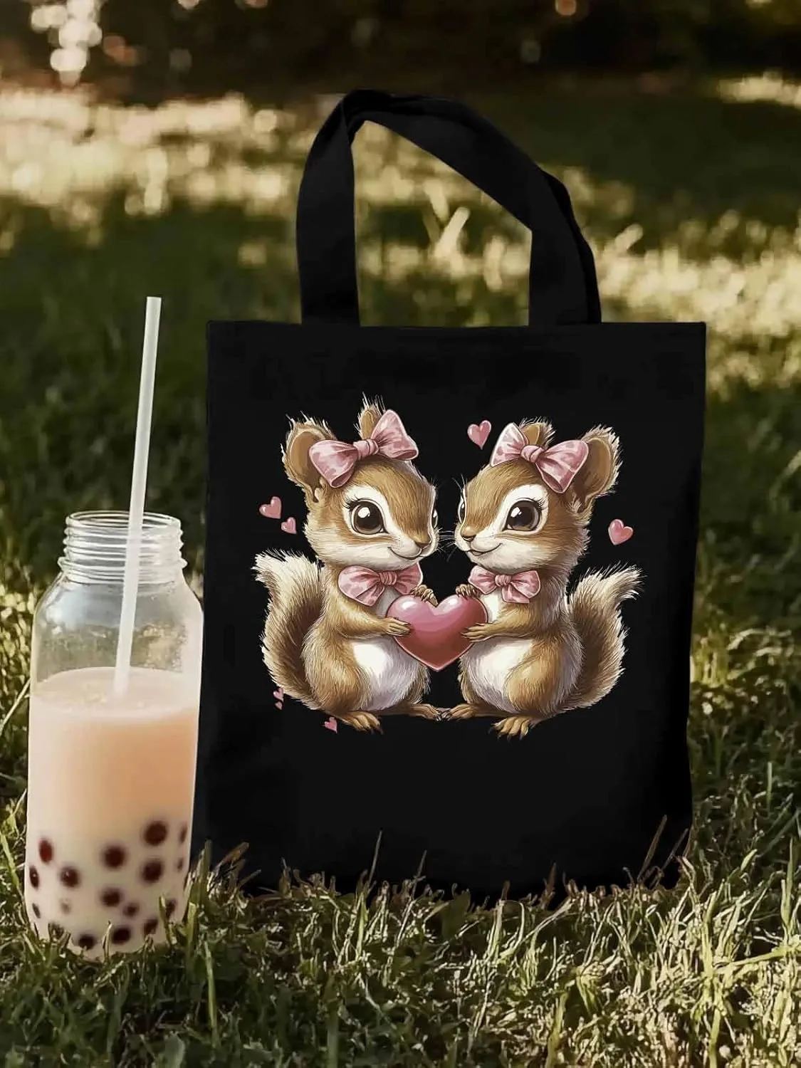 Canvas Tote Bag, Valentine's Day Aesthetic Canvas Tote Handbags for Women Shoulder Bag Squirrel Love Hears