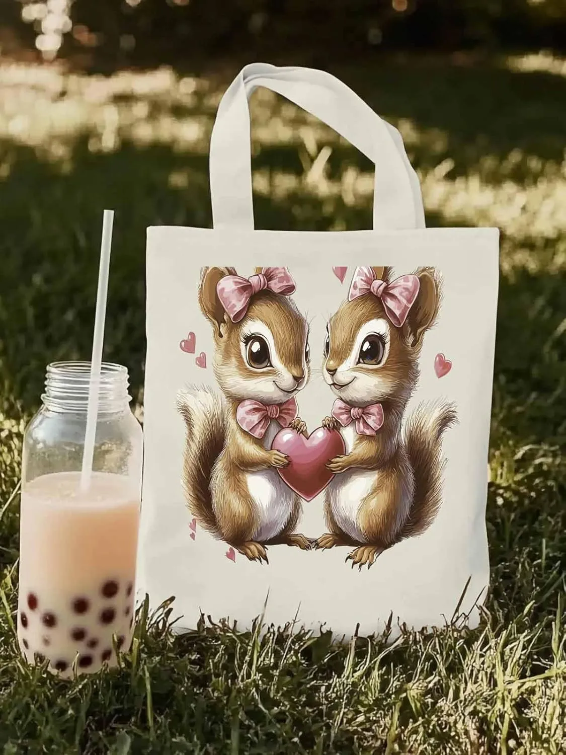 Canvas Tote Bag, Valentine's Day Aesthetic Canvas Tote Handbags for Women Shoulder Bag Squirrel Love Hears