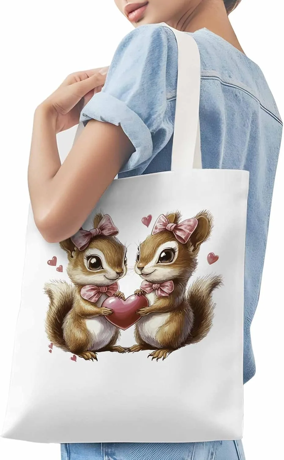 Canvas Tote Bag, Valentine's Day Aesthetic Canvas Tote Handbags for Women Shoulder Bag Squirrel Love Hears