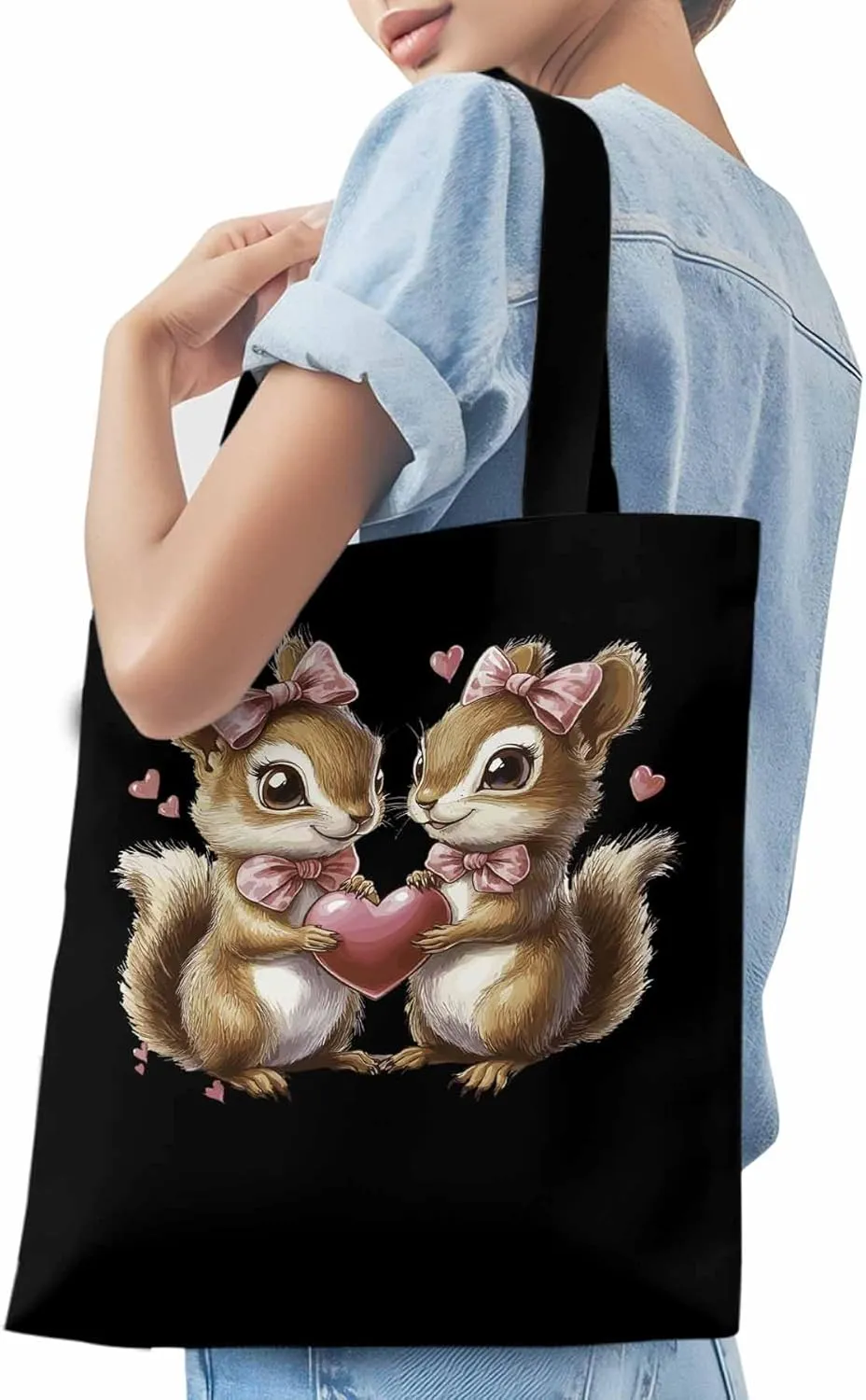 Canvas Tote Bag, Valentine's Day Aesthetic Canvas Tote Handbags for Women Shoulder Bag Squirrel Love Hears