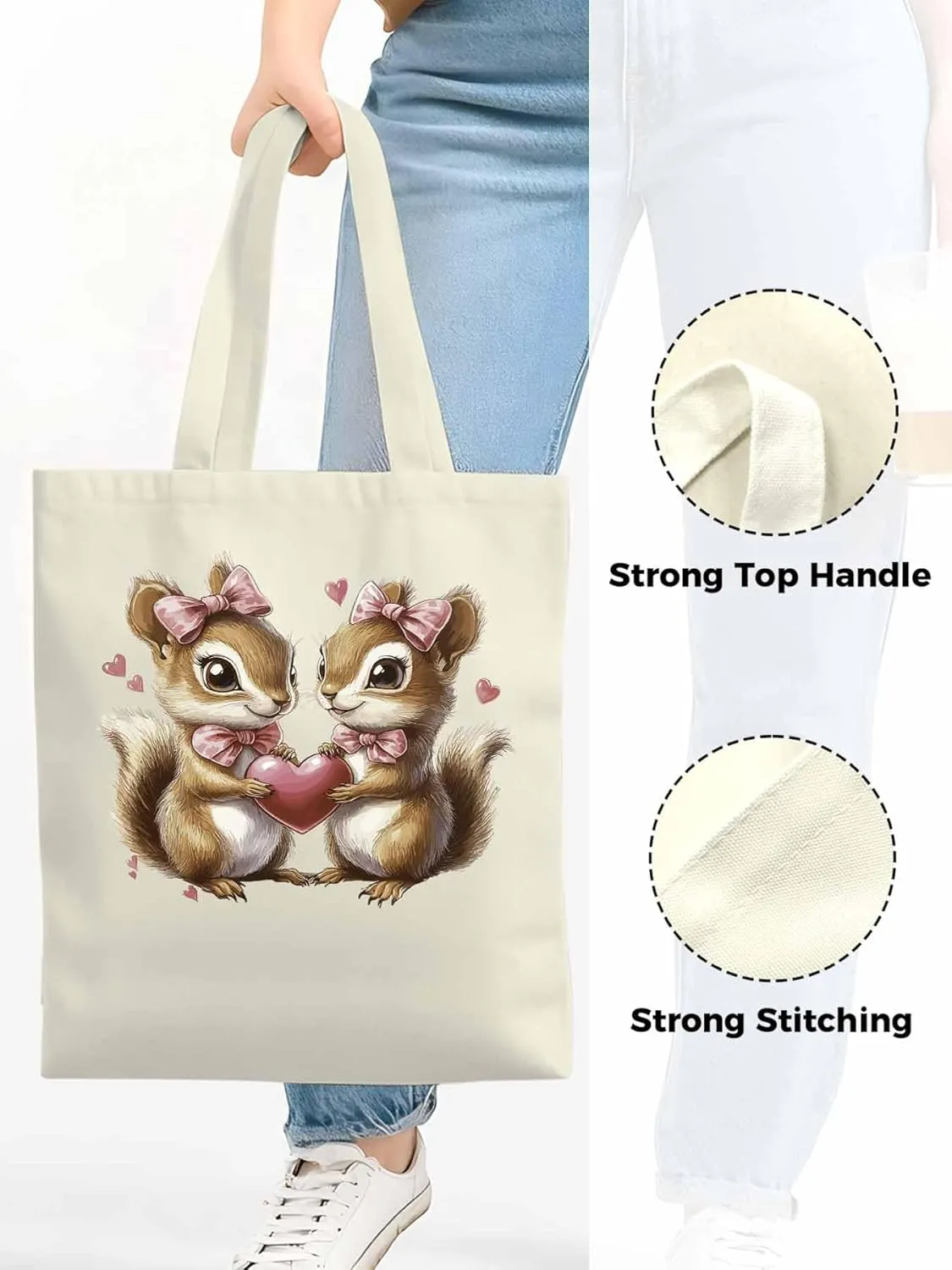 Canvas Tote Bag, Valentine's Day Aesthetic Canvas Tote Handbags for Women Shoulder Bag Squirrel Love Hears