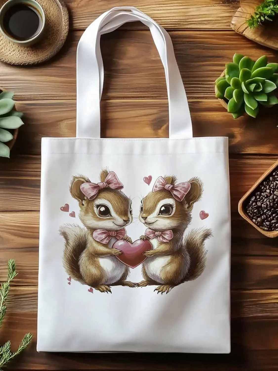 Canvas Tote Bag, Valentine's Day Aesthetic Canvas Tote Handbags for Women Shoulder Bag Squirrel Love Hears