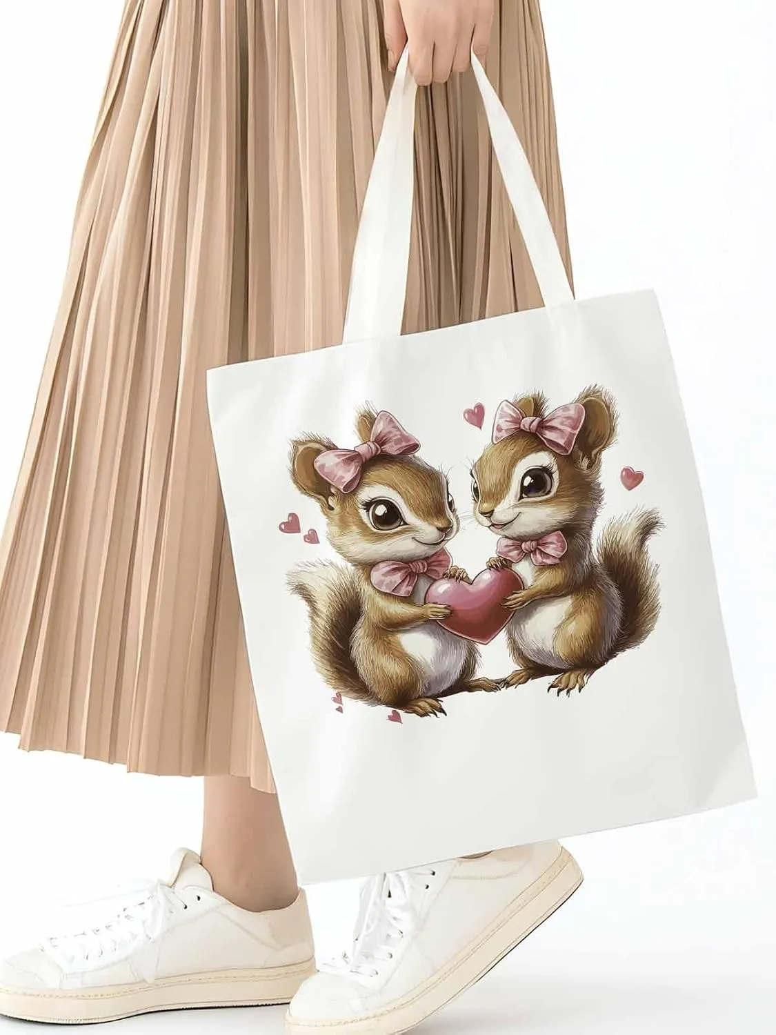 Canvas Tote Bag, Valentine's Day Aesthetic Canvas Tote Handbags for Women Shoulder Bag Squirrel Love Hears