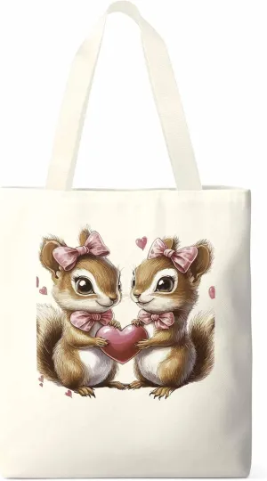 Canvas Tote Bag, Valentine's Day Aesthetic Canvas Tote Handbags for Women Shoulder Bag Squirrel Love Hears