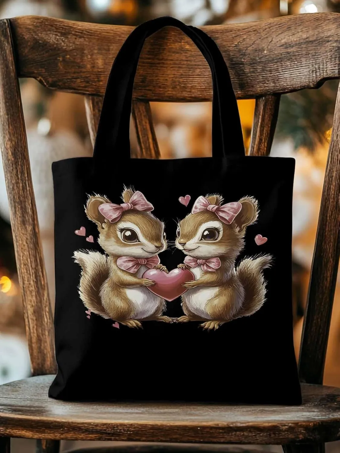 Canvas Tote Bag, Valentine's Day Aesthetic Canvas Tote Handbags for Women Shoulder Bag Squirrel Love Hears