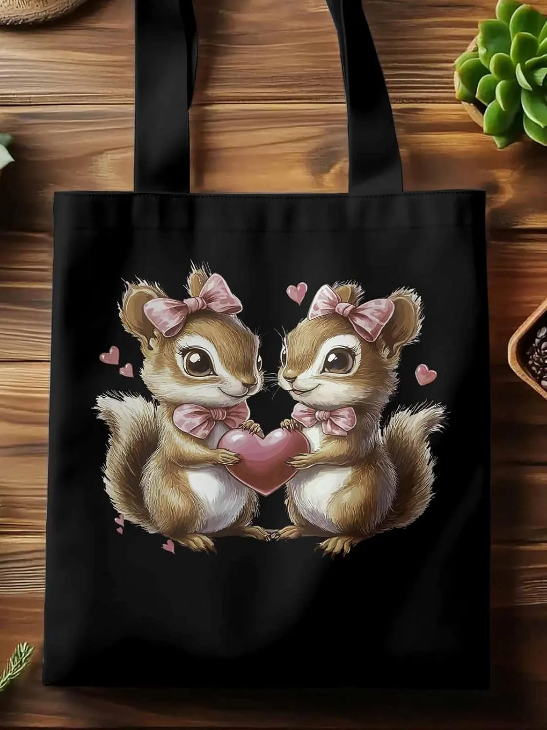 Canvas Tote Bag, Valentine's Day Aesthetic Canvas Tote Handbags for Women Shoulder Bag Squirrel Love Hears