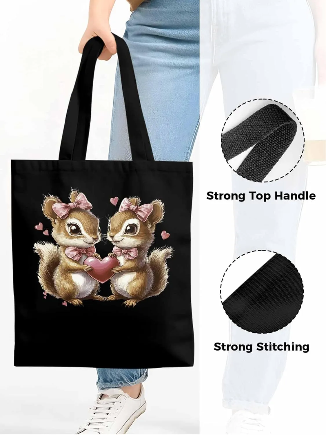 Canvas Tote Bag, Valentine's Day Aesthetic Canvas Tote Handbags for Women Shoulder Bag Squirrel Love Hears