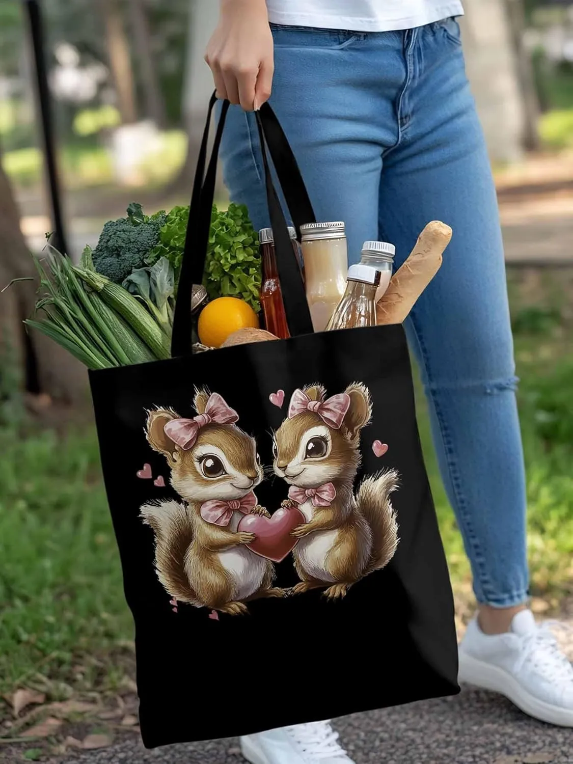 Canvas Tote Bag, Valentine's Day Aesthetic Canvas Tote Handbags for Women Shoulder Bag Squirrel Love Hears