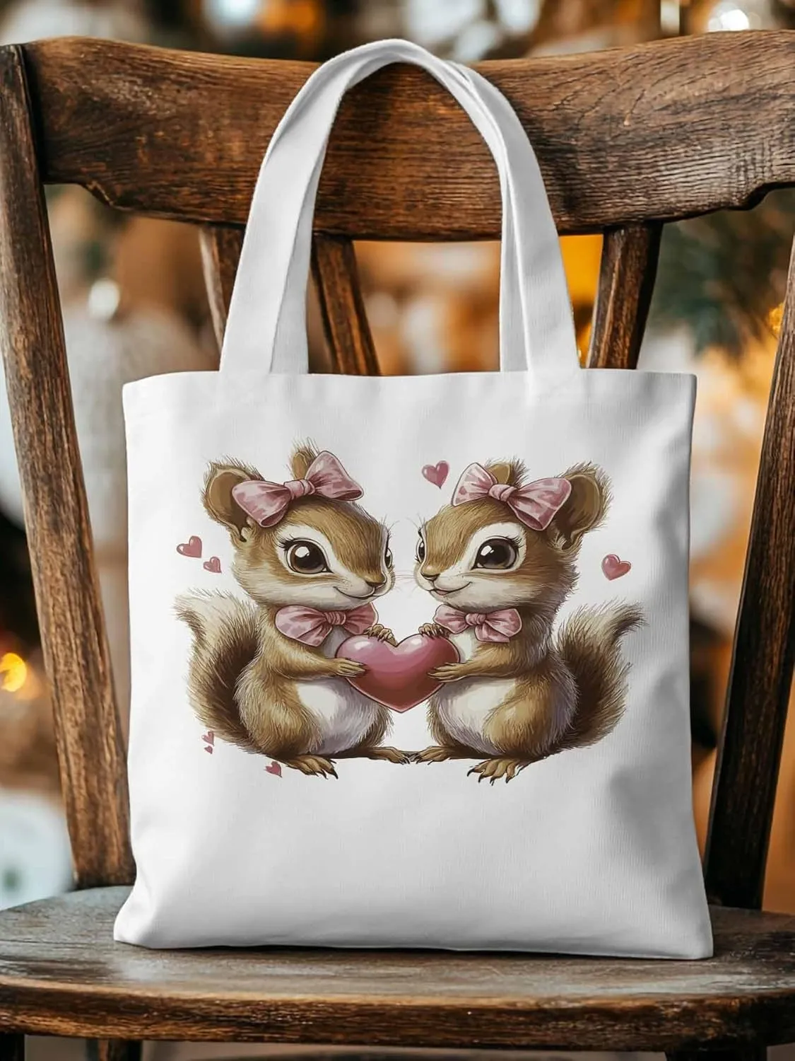 Canvas Tote Bag, Valentine's Day Aesthetic Canvas Tote Handbags for Women Shoulder Bag Squirrel Love Hears