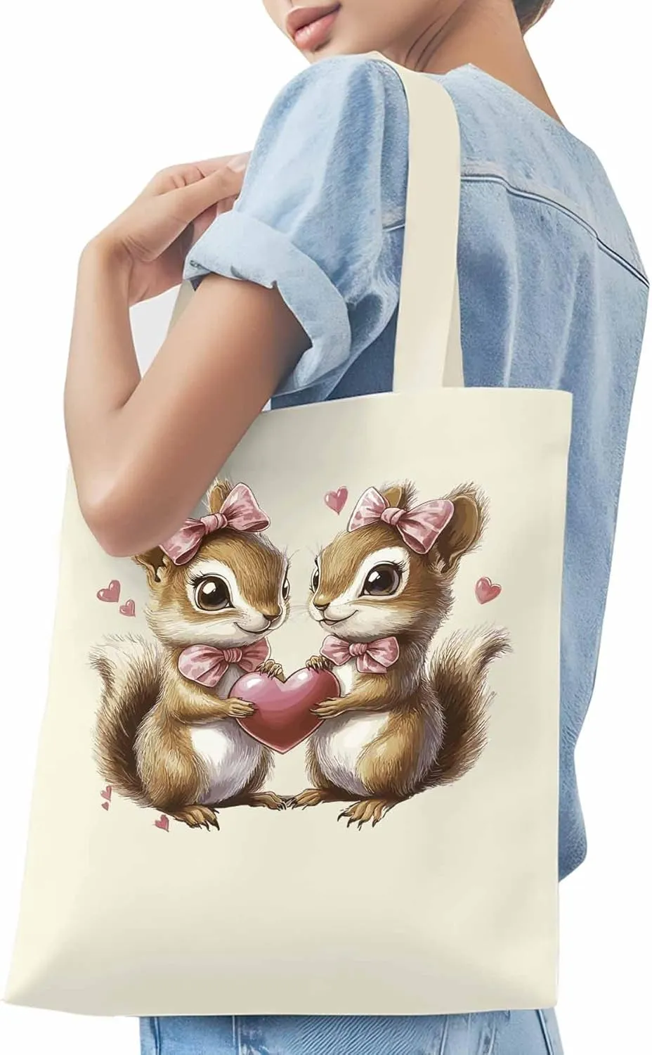 Canvas Tote Bag, Valentine's Day Aesthetic Canvas Tote Handbags for Women Shoulder Bag Squirrel Love Hears