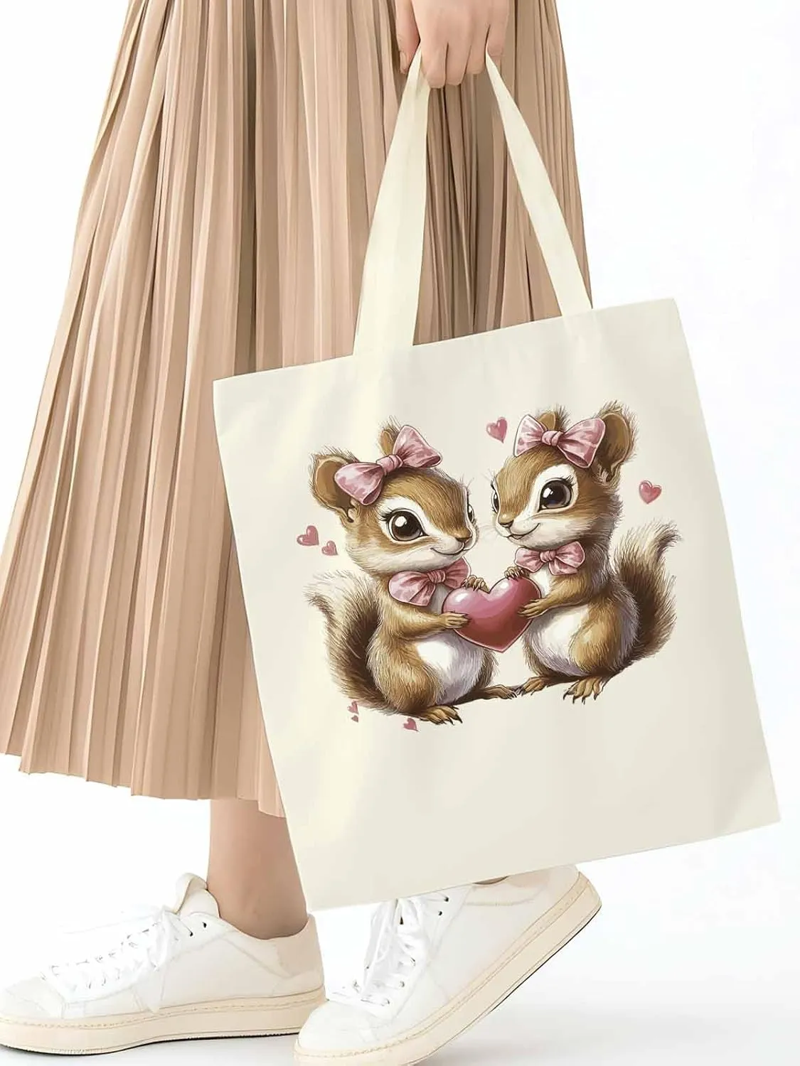 Canvas Tote Bag, Valentine's Day Aesthetic Canvas Tote Handbags for Women Shoulder Bag Squirrel Love Hears
