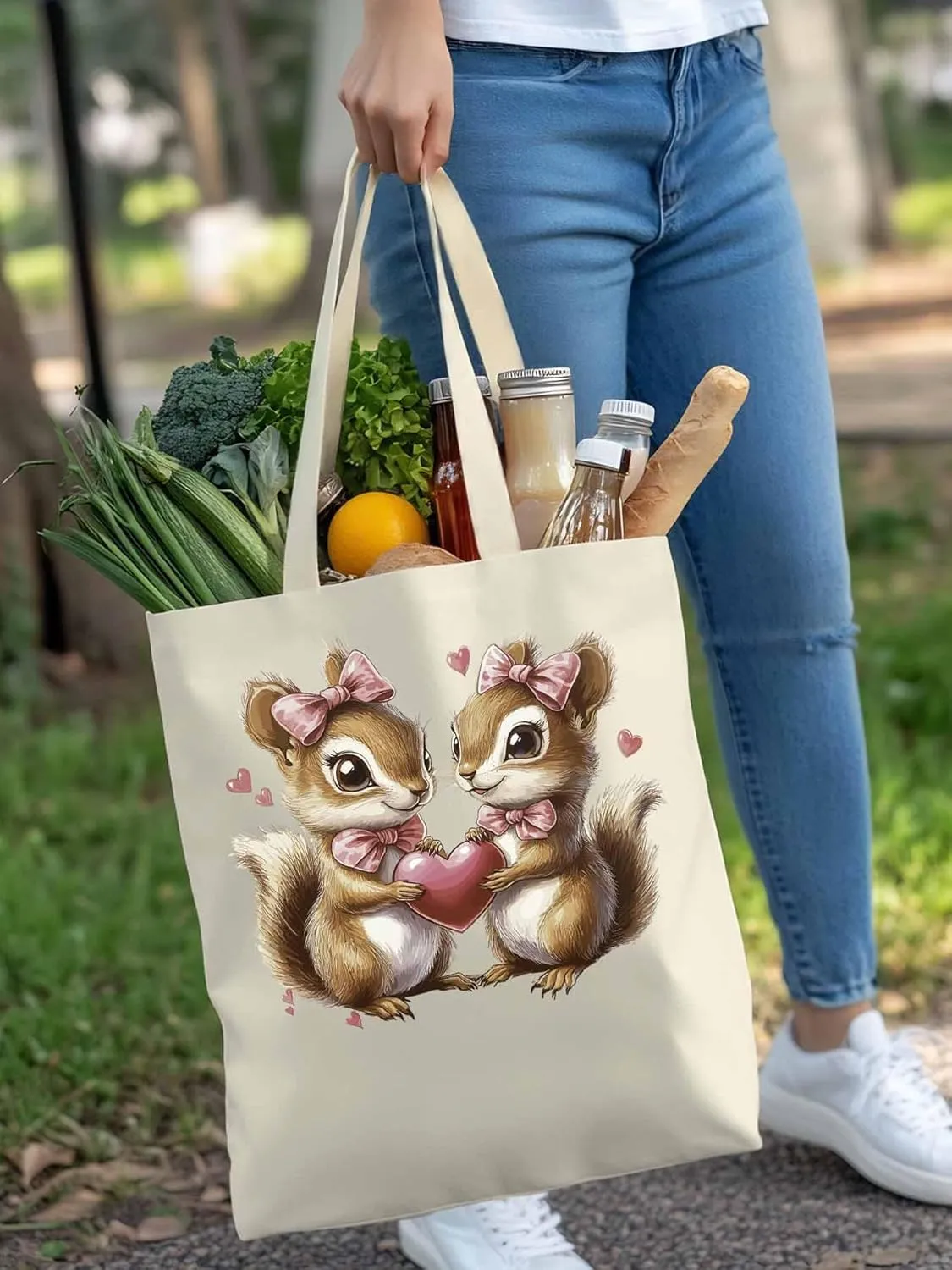 Canvas Tote Bag, Valentine's Day Aesthetic Canvas Tote Handbags for Women Shoulder Bag Squirrel Love Hears