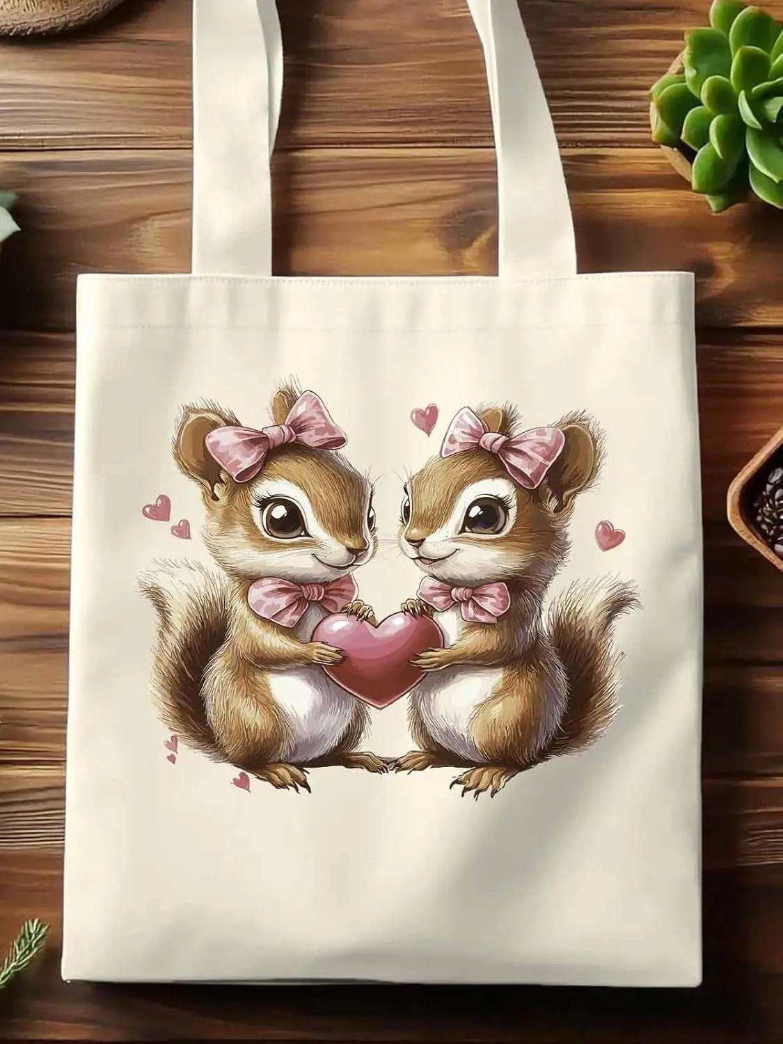 Canvas Tote Bag, Valentine's Day Aesthetic Canvas Tote Handbags for Women Shoulder Bag Squirrel Love Hears