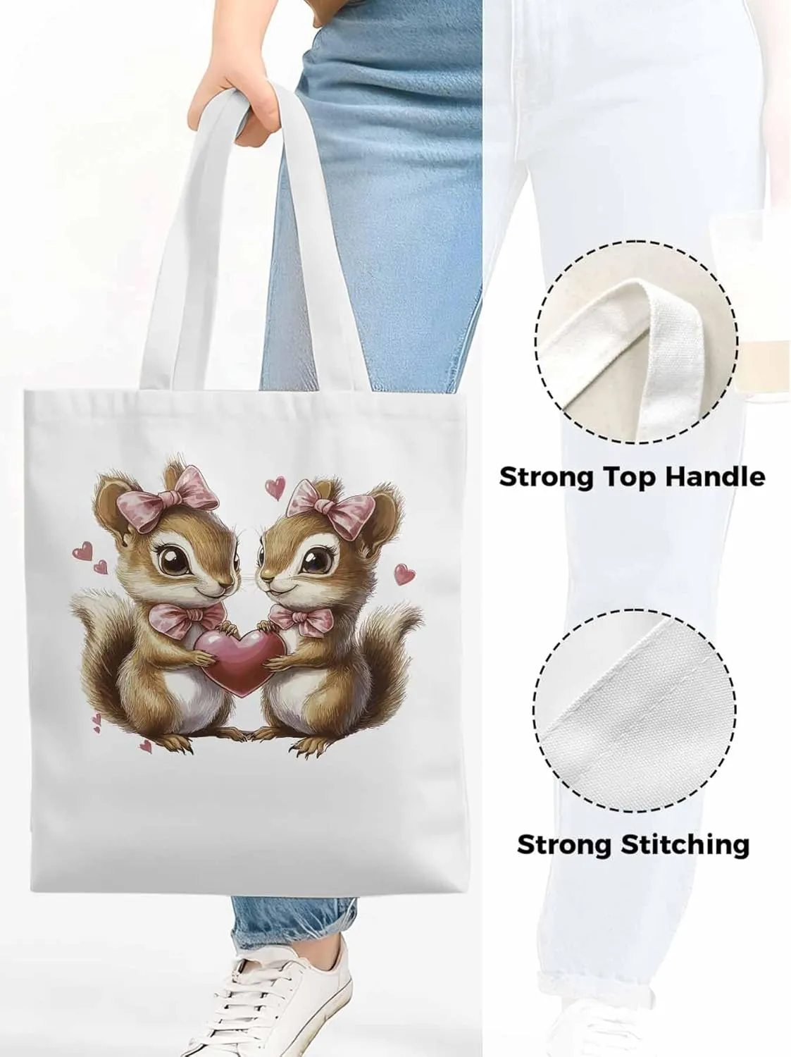 Canvas Tote Bag, Valentine's Day Aesthetic Canvas Tote Handbags for Women Shoulder Bag Squirrel Love Hears