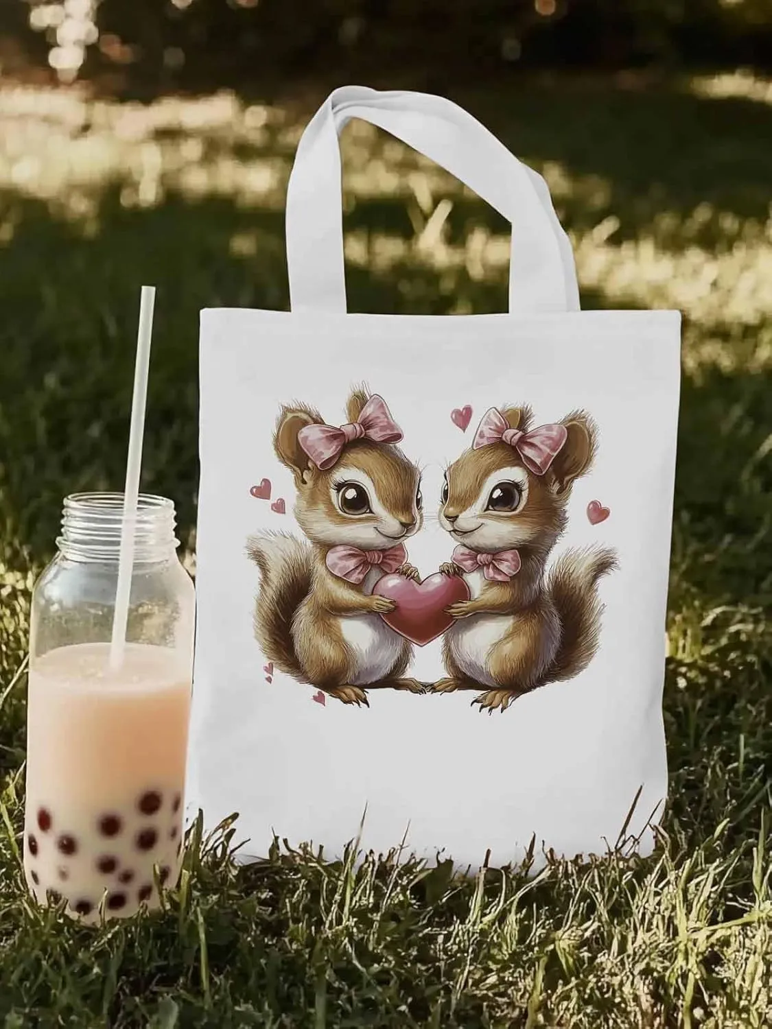 Canvas Tote Bag, Valentine's Day Aesthetic Canvas Tote Handbags for Women Shoulder Bag Squirrel Love Hears