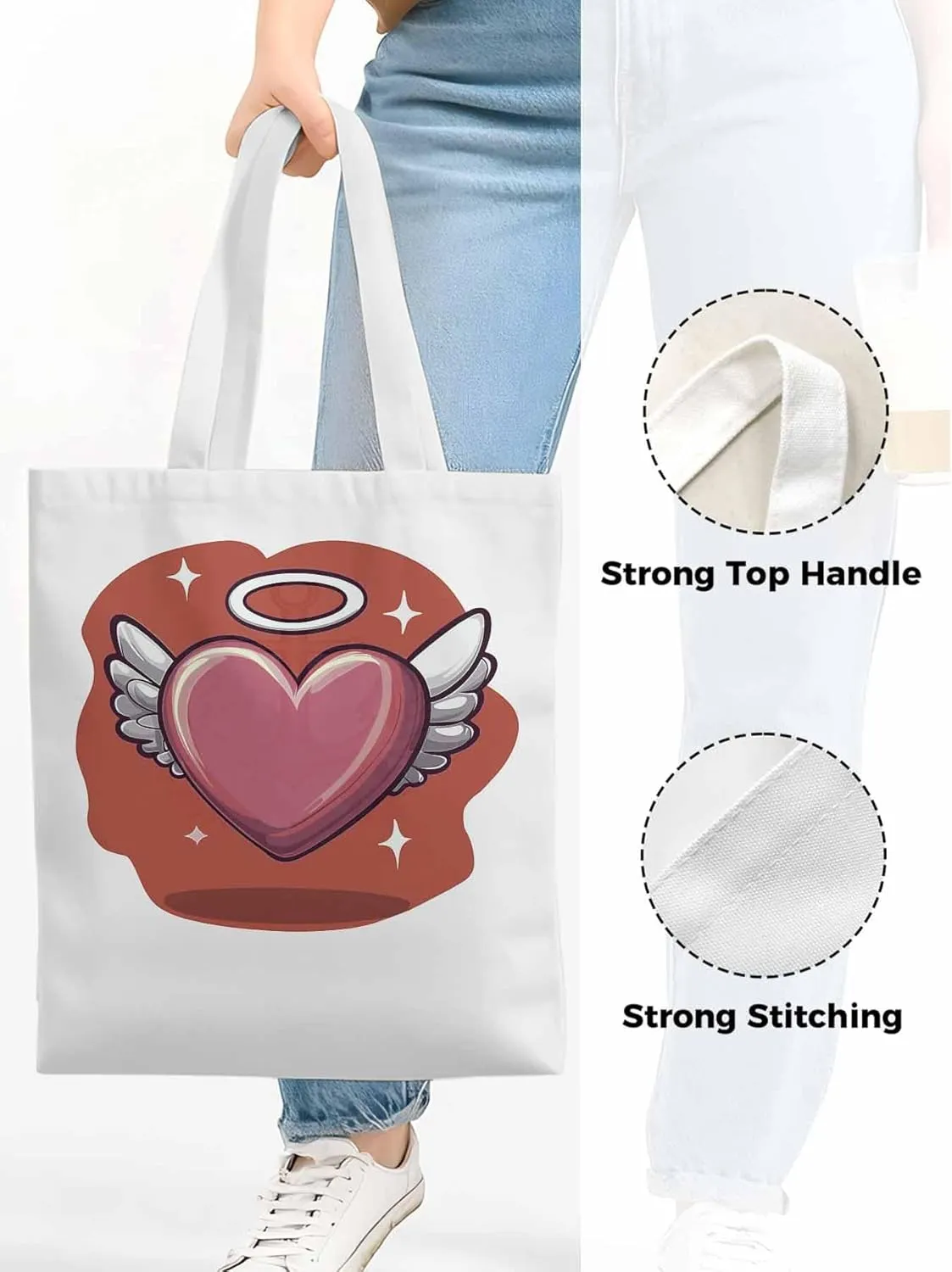 Canvas Tote Bag, Valentine's Day Heart Angel Wings Aesthetic Canvas Tote Handbags for Women Shoulder Bag