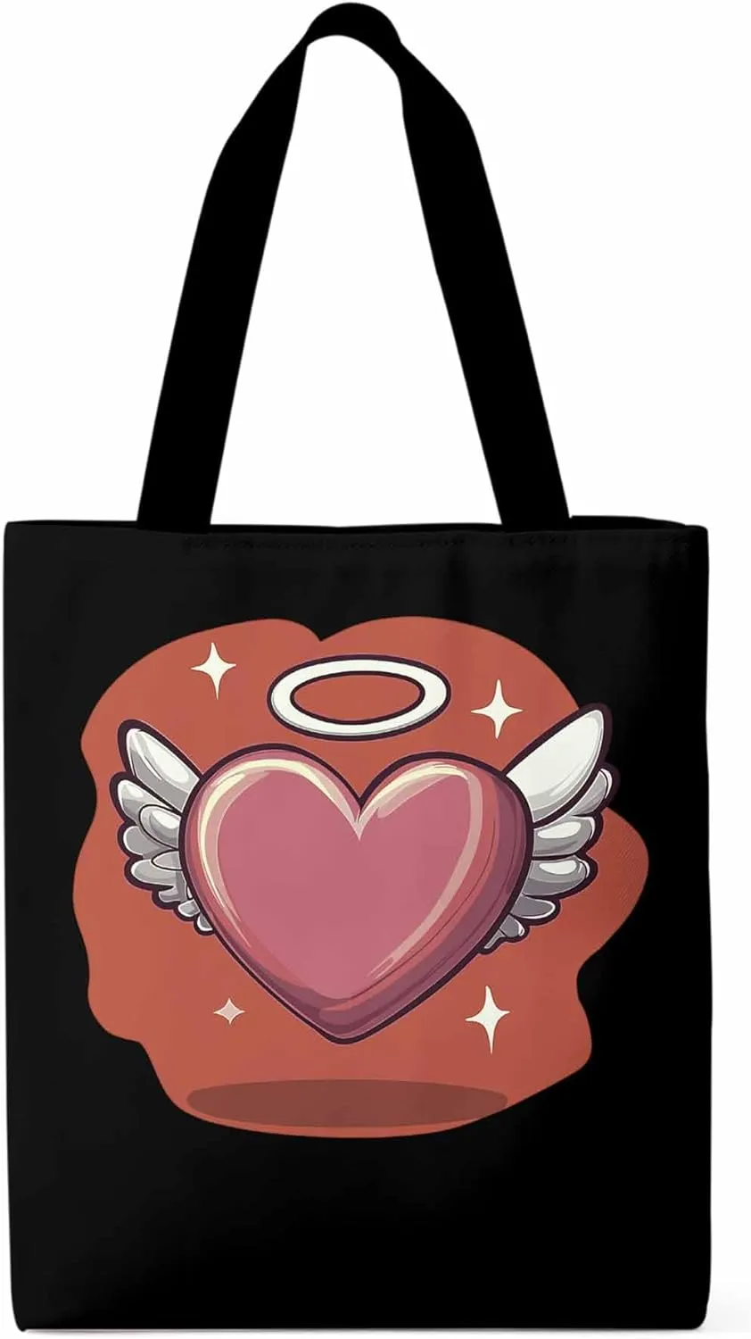 Canvas Tote Bag, Valentine's Day Heart Angel Wings Aesthetic Canvas Tote Handbags for Women Shoulder Bag
