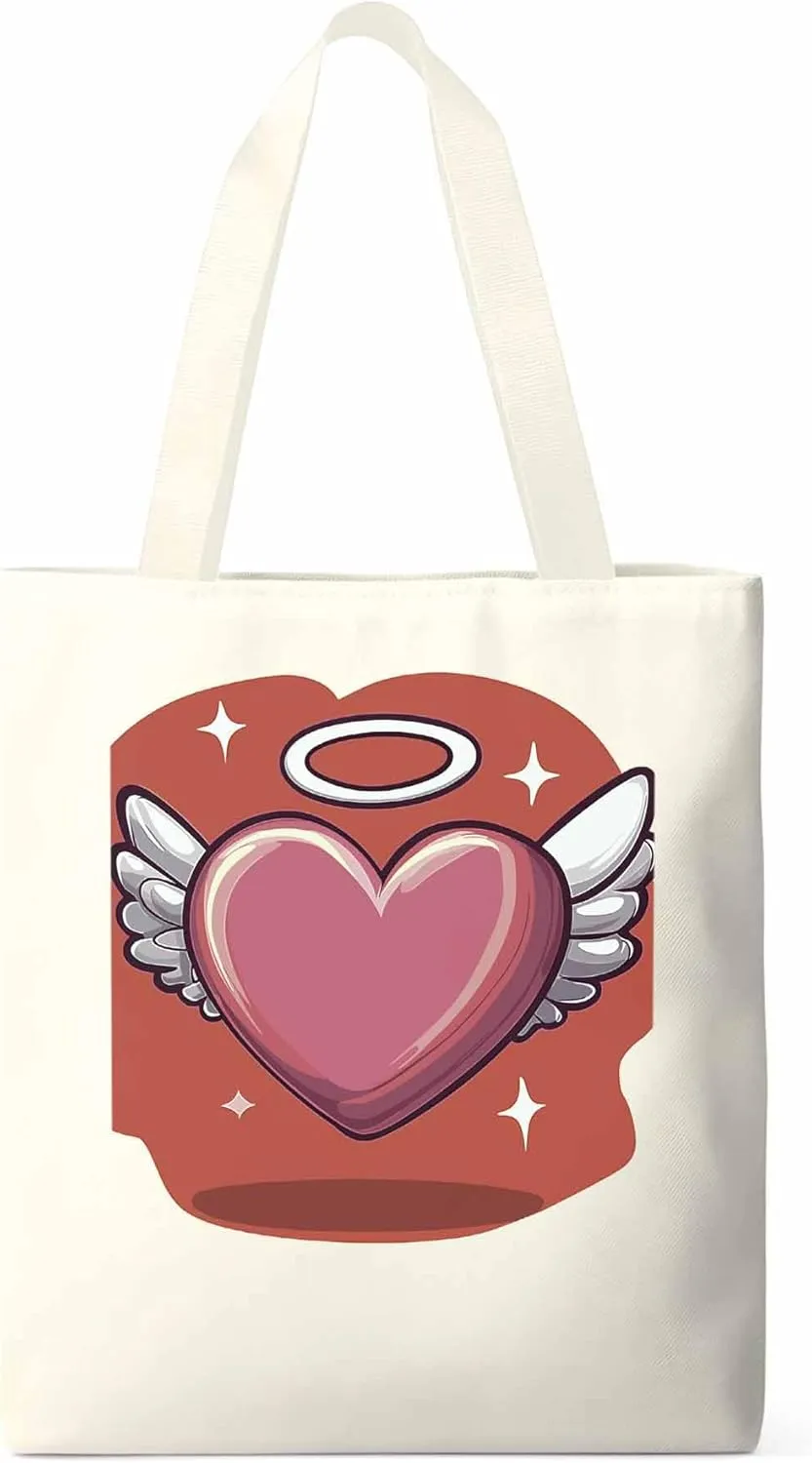 Canvas Tote Bag, Valentine's Day Heart Angel Wings Aesthetic Canvas Tote Handbags for Women Shoulder Bag