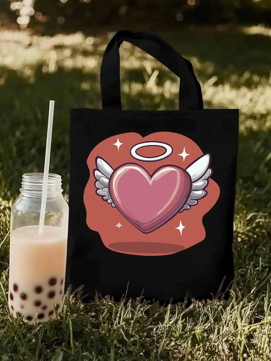 Canvas Tote Bag, Valentine's Day Heart Angel Wings Aesthetic Canvas Tote Handbags for Women Shoulder Bag