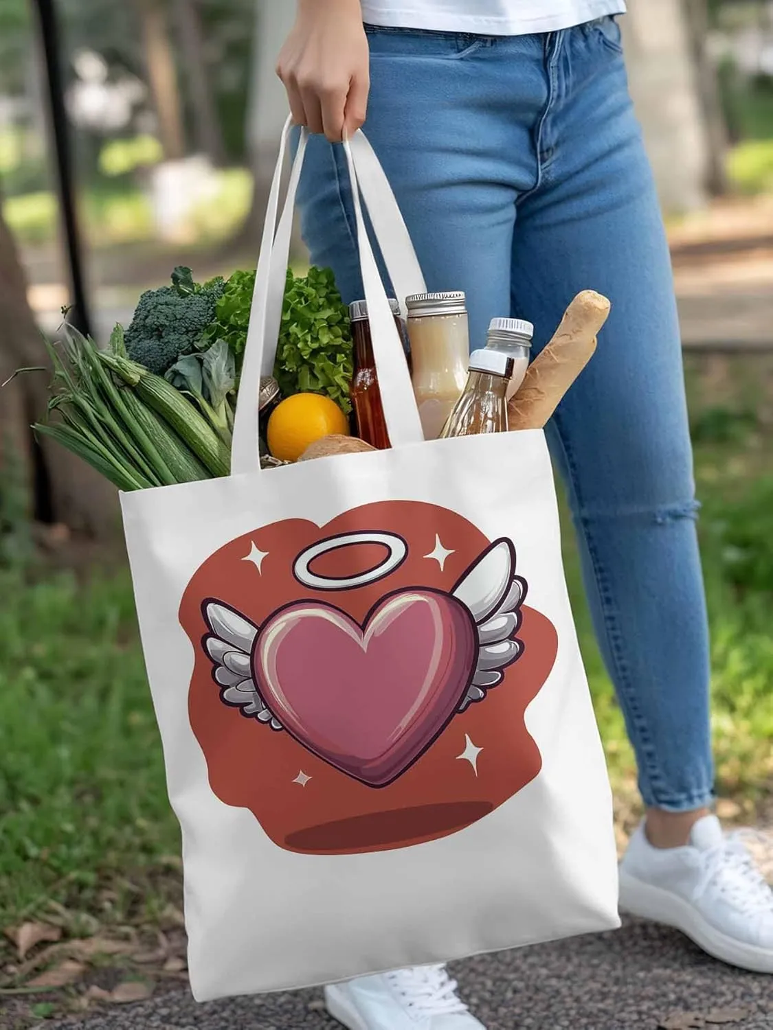 Canvas Tote Bag, Valentine's Day Heart Angel Wings Aesthetic Canvas Tote Handbags for Women Shoulder Bag