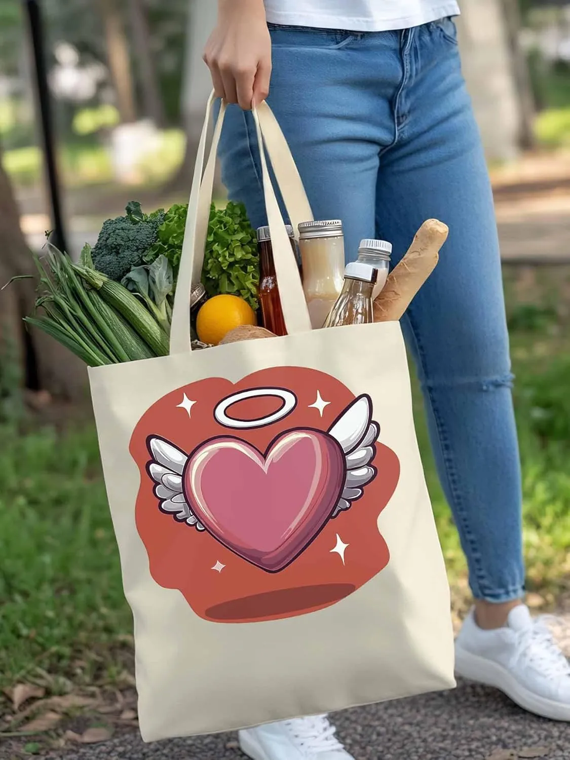 Canvas Tote Bag, Valentine's Day Heart Angel Wings Aesthetic Canvas Tote Handbags for Women Shoulder Bag
