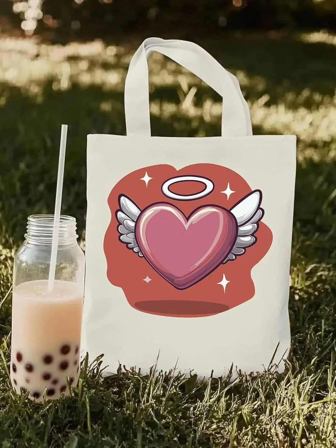 Canvas Tote Bag, Valentine's Day Heart Angel Wings Aesthetic Canvas Tote Handbags for Women Shoulder Bag