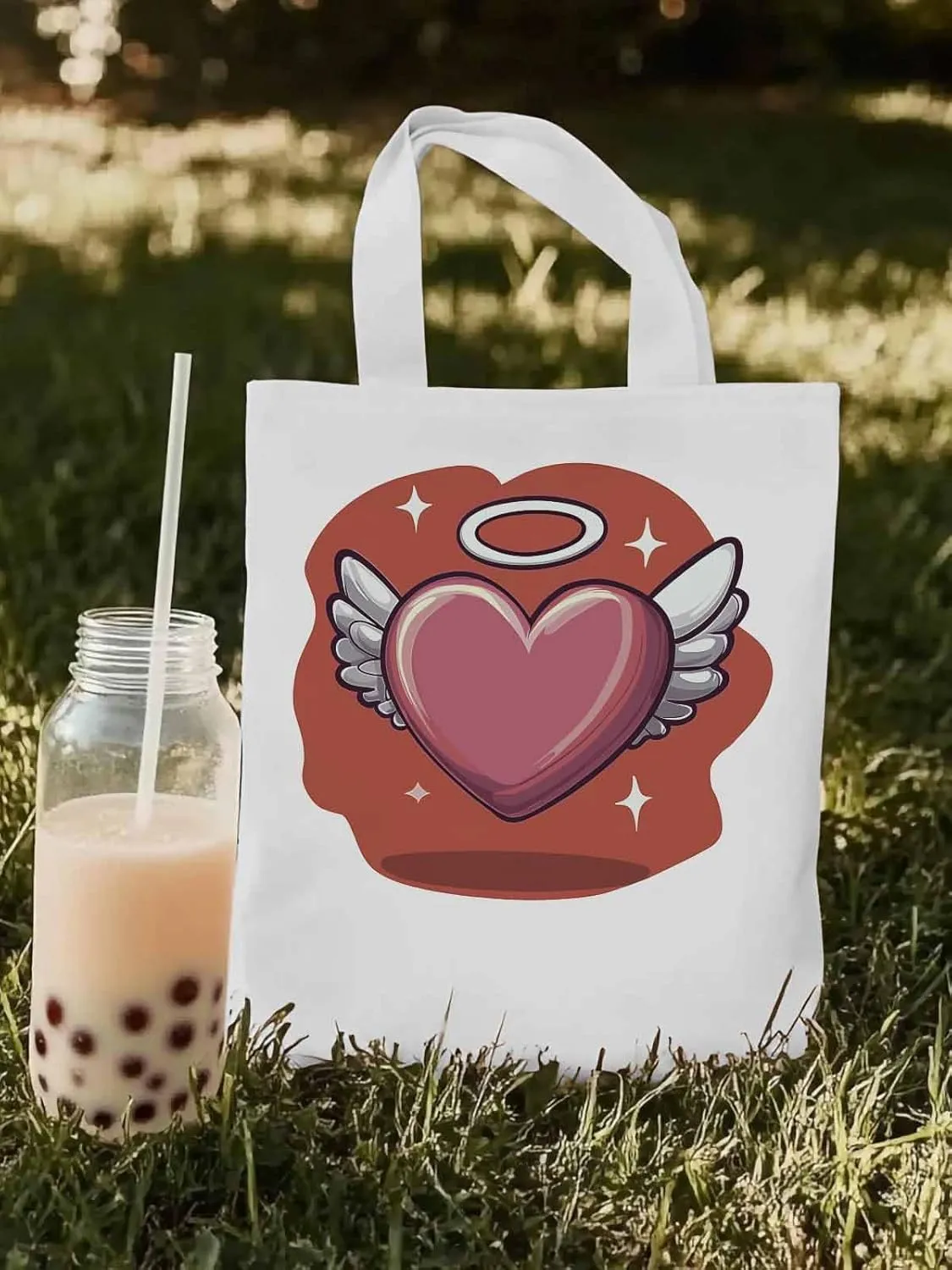 Canvas Tote Bag, Valentine's Day Heart Angel Wings Aesthetic Canvas Tote Handbags for Women Shoulder Bag