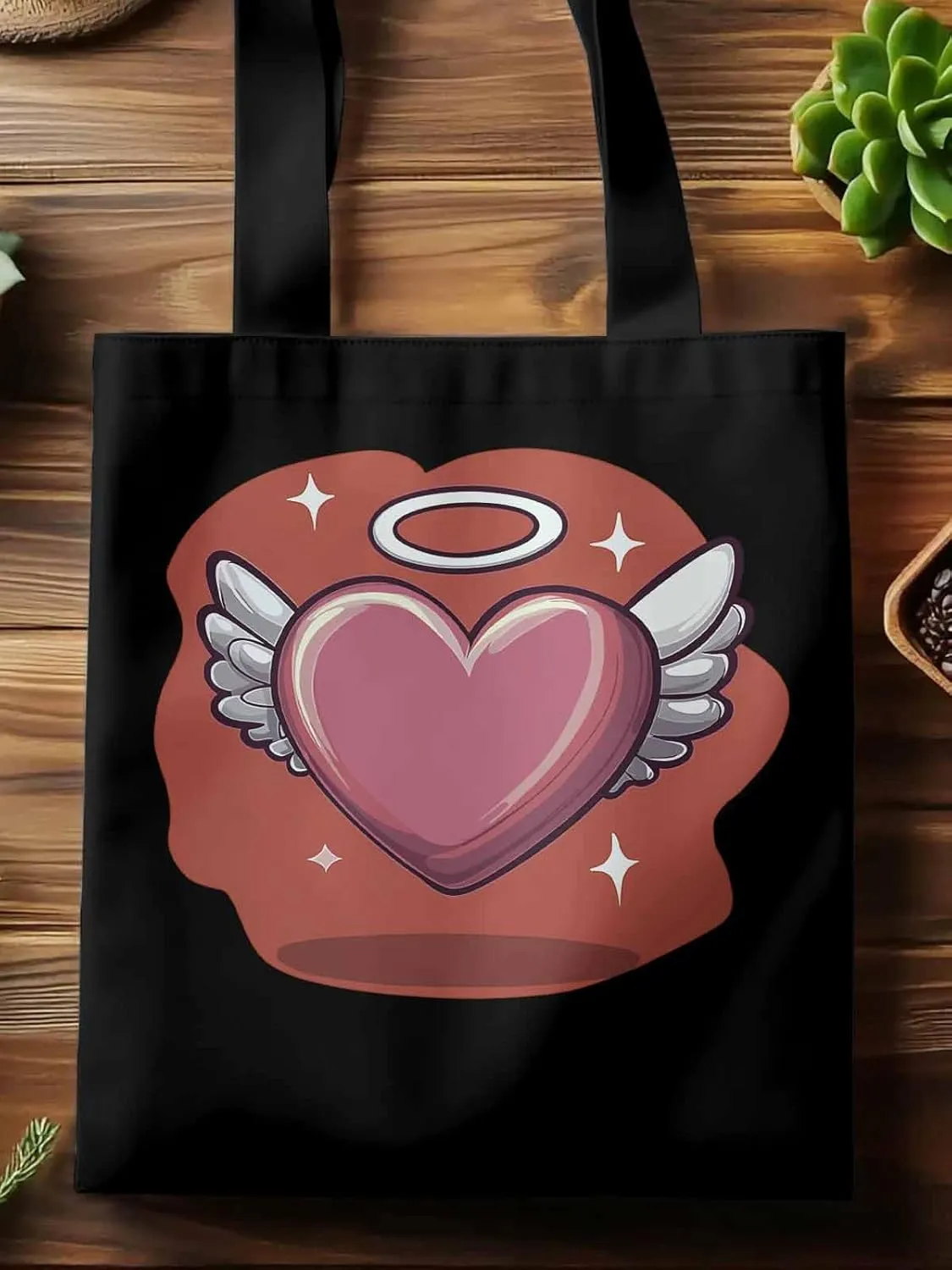 Canvas Tote Bag, Valentine's Day Heart Angel Wings Aesthetic Canvas Tote Handbags for Women Shoulder Bag