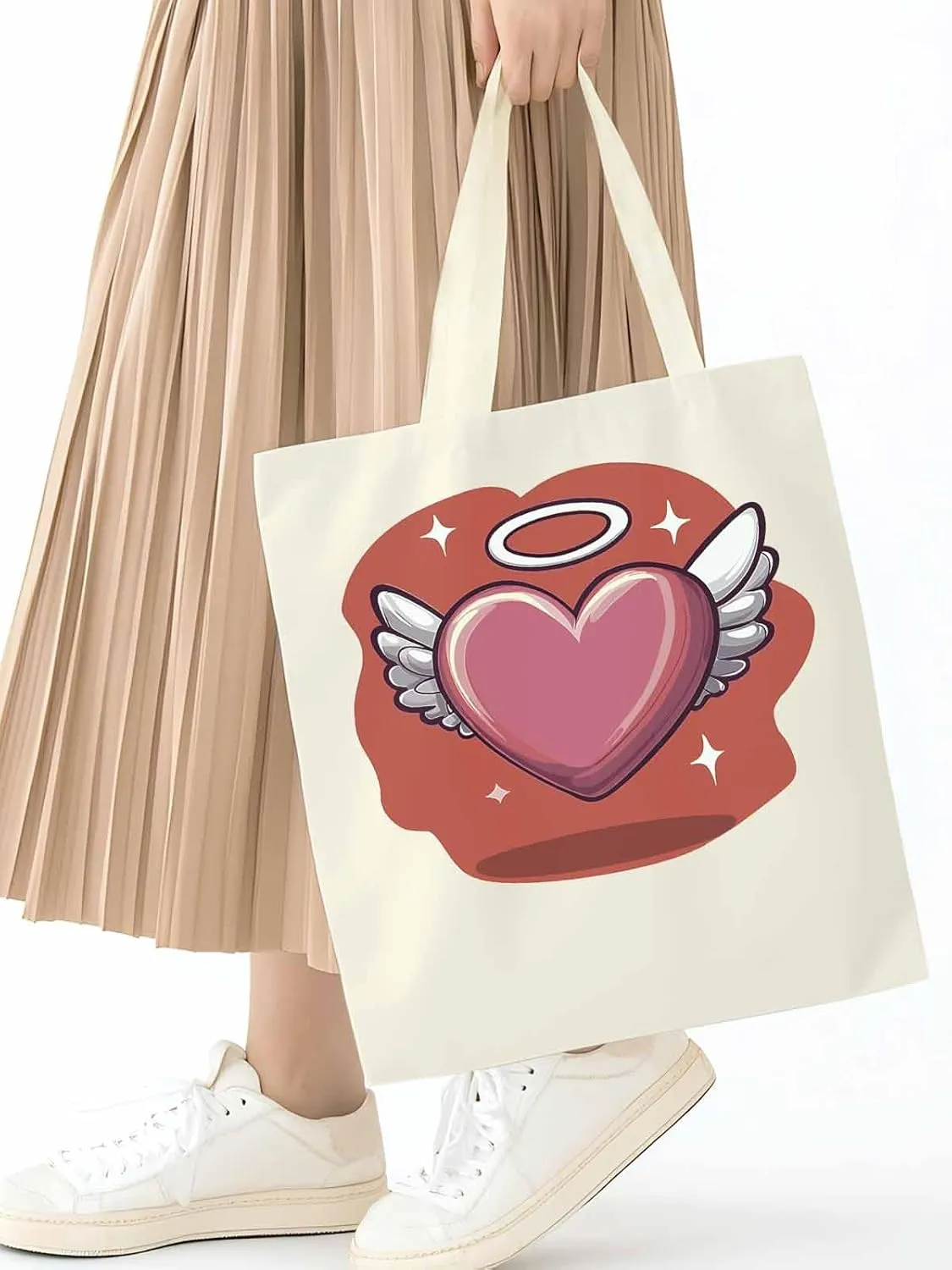 Canvas Tote Bag, Valentine's Day Heart Angel Wings Aesthetic Canvas Tote Handbags for Women Shoulder Bag