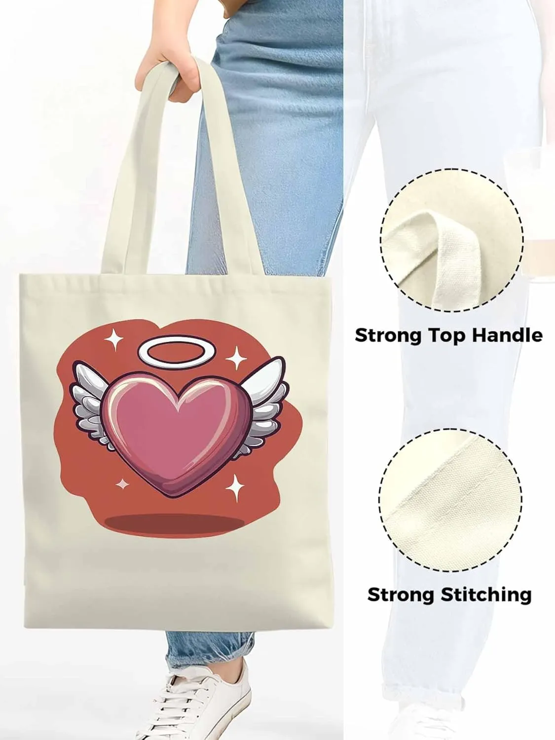 Canvas Tote Bag, Valentine's Day Heart Angel Wings Aesthetic Canvas Tote Handbags for Women Shoulder Bag