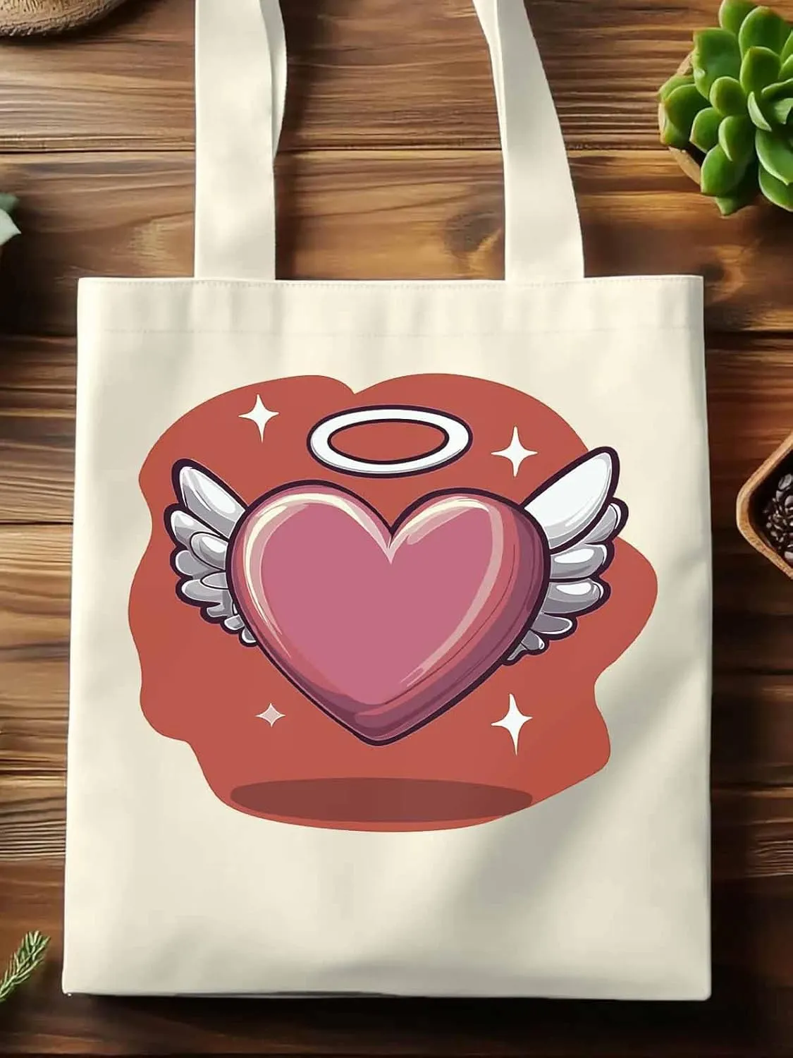 Canvas Tote Bag, Valentine's Day Heart Angel Wings Aesthetic Canvas Tote Handbags for Women Shoulder Bag