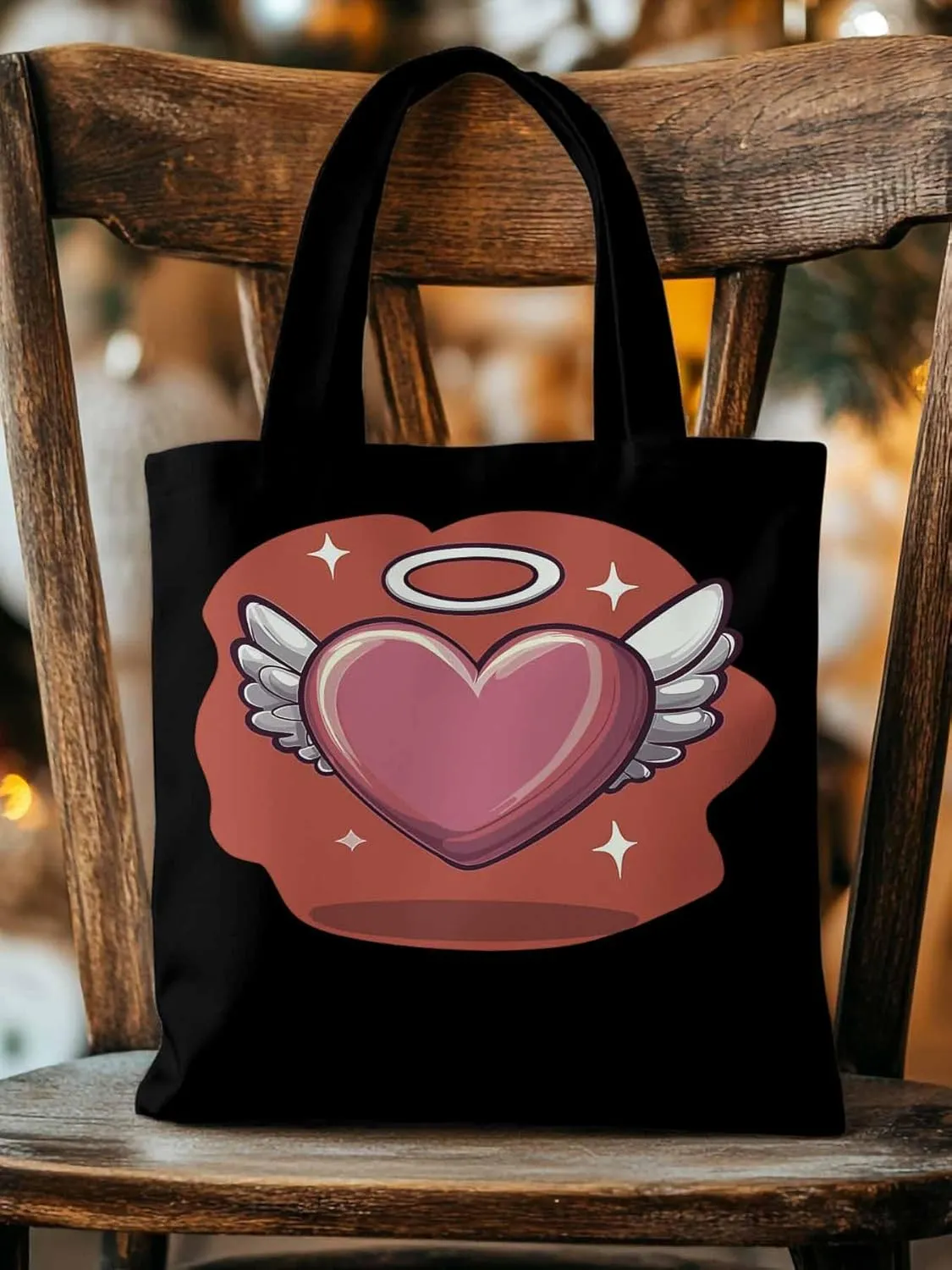 Canvas Tote Bag, Valentine's Day Heart Angel Wings Aesthetic Canvas Tote Handbags for Women Shoulder Bag