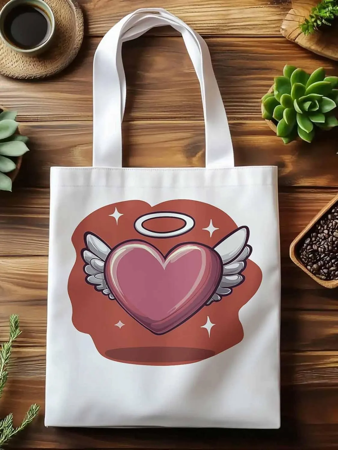 Canvas Tote Bag, Valentine's Day Heart Angel Wings Aesthetic Canvas Tote Handbags for Women Shoulder Bag