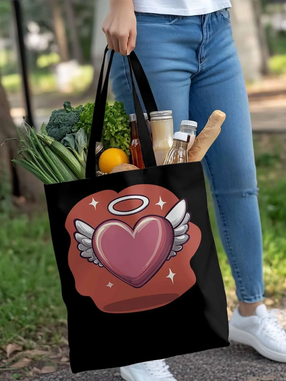 Canvas Tote Bag, Valentine's Day Heart Angel Wings Aesthetic Canvas Tote Handbags for Women Shoulder Bag